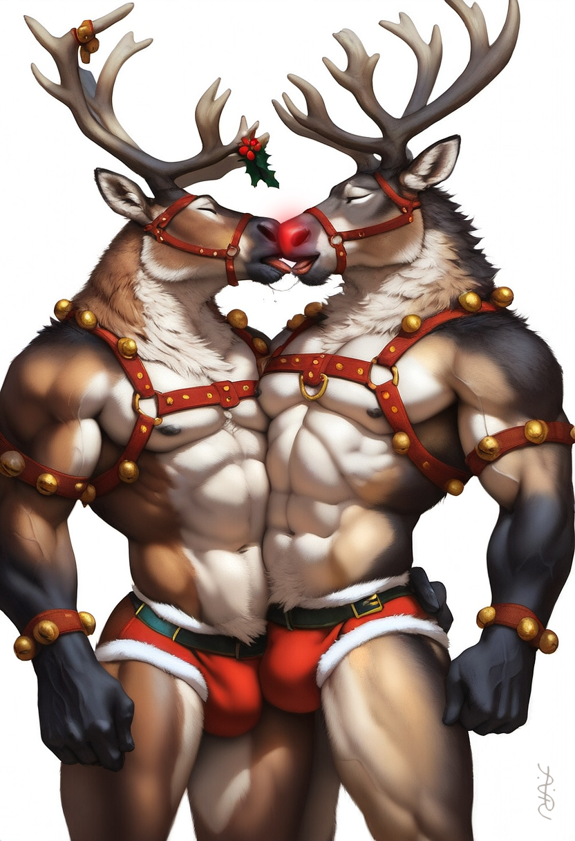 2024 2boys ai_generated anthro antlers avaru brown_body brown_fur cervine cervine_antlers cervine_humanoid christmas fur gay gay_kissing harness humanoid kissing male male_only mammal muscular muscular_male nipples reindeer reindeer_antlers reindeer_humanoid rudolph rudolph_the_red-nosed_reindeer rudolph_the_red_nosed_reindeer saliva solo tongue tongue_kiss yaoi