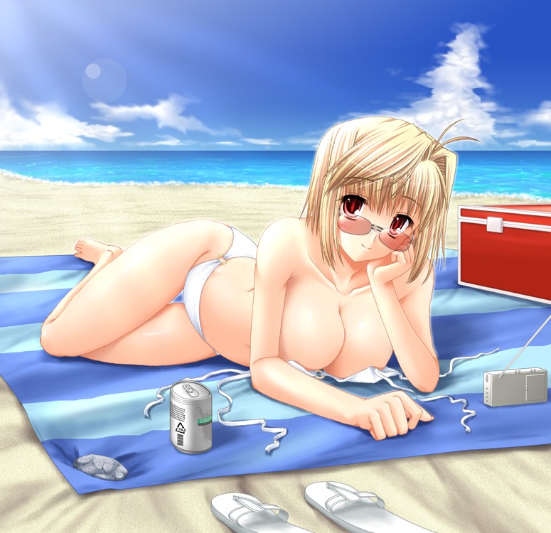 arcueid_brunestud bad_link beach bikini blonde_hair breasts day female looking_over_eyewear miyai_sen o-ring o-ring_bottom outdoors red-tinted_eyewear red_eyes sandals short_hair solo sunglasses swimsuit tinted_eyewear topless towel tsukihime white_bikini