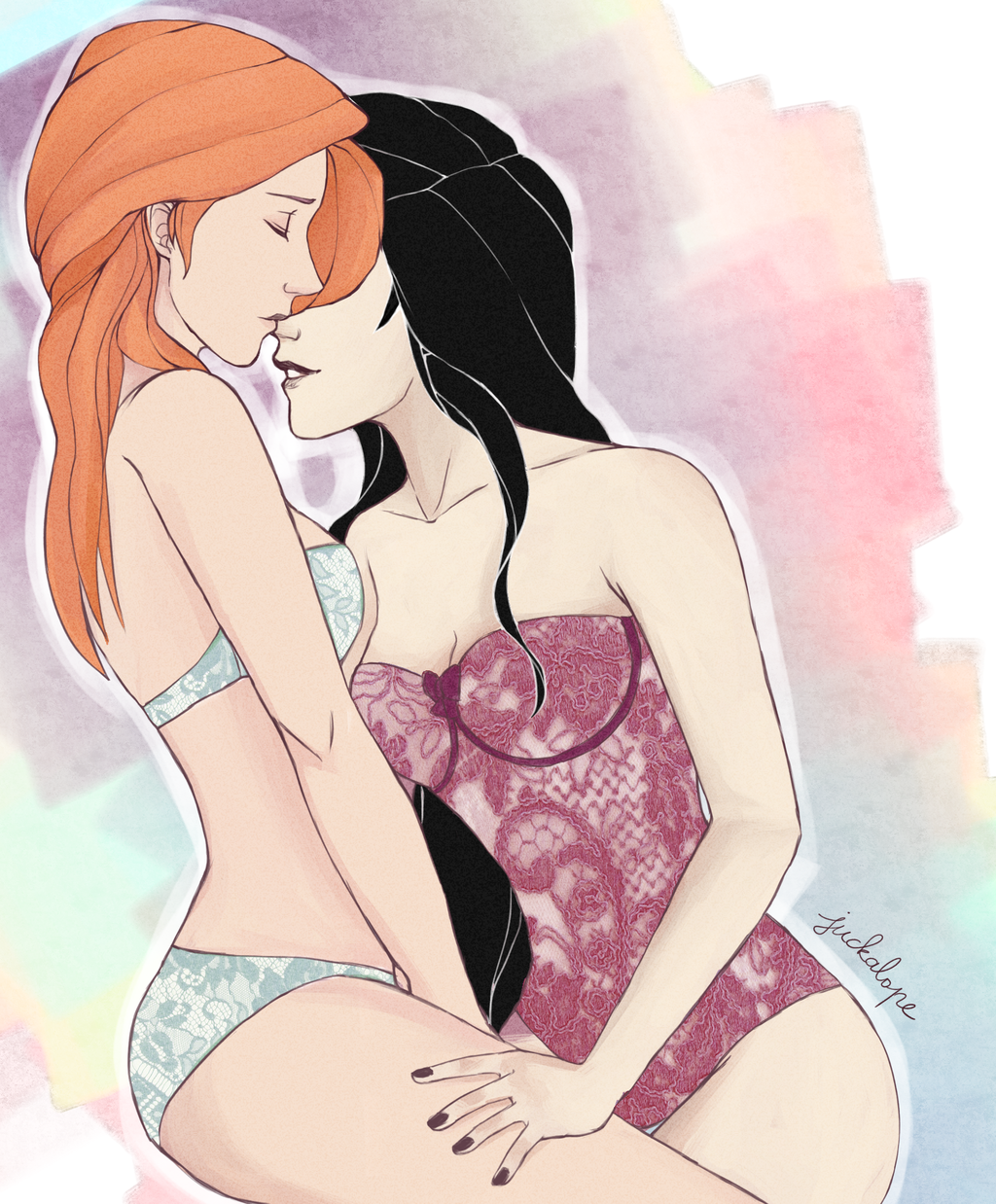 2girls, bra, breasts, closed eyes, disney, female, female only, juckalope, kim possible, kimberly ann possible, lingerie, medium breasts, multiple females, multiple girls, panties, shego, yuri
