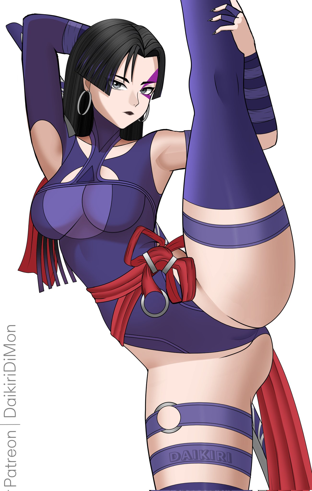 1girls athletic_female black_hair black_lipstick breasts daikiri_di_mon grey_eyes leg_up looking_at_viewer marvel marvel_comics marvel_rivals patreon_username psylocke psylocke_(marvel_rivals) purple_clothing pussy thick