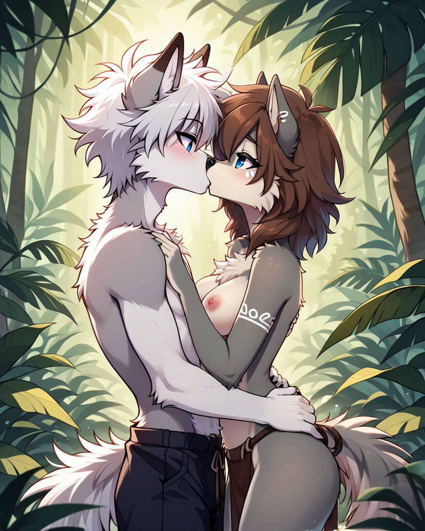 1boy 1boy1girl 1girls ai_generated anzatiridonia blue_eyes brown_hair furry_female furry_male hunter_x_hunter killua_zoldyck loincloth male_focus midriff nipples nude nude_female short_hair tala_(fluff-kevlar) topless tribal white_hair wolf_boy wolf_ears wolf_girl wolf_humanoid wolf_tail