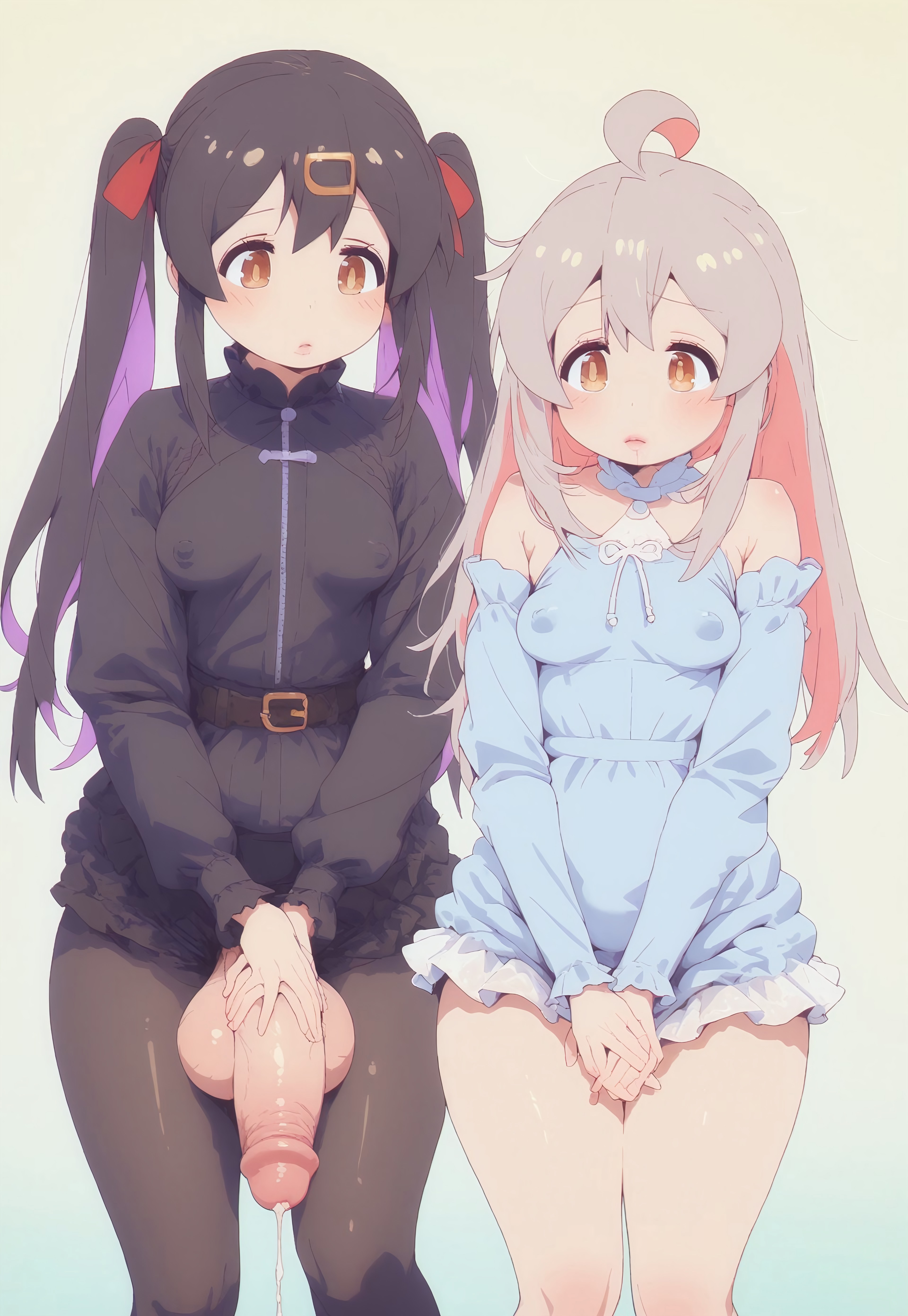 1futa, 1girls, ai generated, civitai, cum, female, futanari, hi res, highres, intersex, looking at another, looking at penis, nipple bulge, onii-chan wa oshimai!, oyama mahiro, oyama mihari, penis, siblings, thick thighs