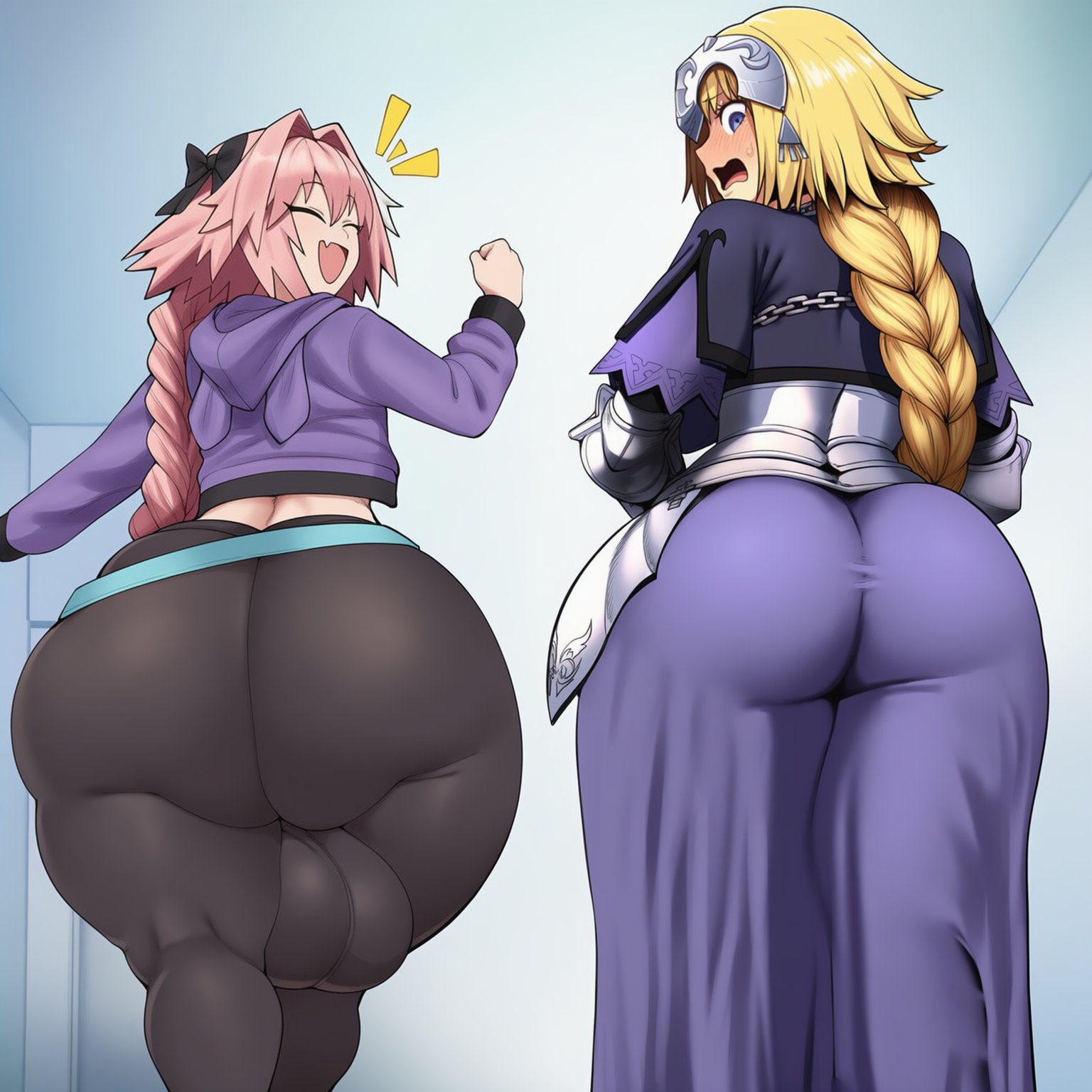1boy, 1boy1girl, 1femboy, 1girls, 2026, ai generated, androgynous, ass, ass envy, ass focus, astolfo (fate), big ass, big balls, blonde hair, blushing, bubble butt, bulge, bulge through clothing, casual, child bearing hips, crown, dat ass, dumptruck ass, fat ass, fate (series), female, femboy, gigigens, girly, hair ornament, horny, horny female, huge ass, huge balls, hyper balls, jeanne d'arc (fate), male ass focus, male/female, pink hair, purple eyes, sissy, sweat, sweatdrop, sweating, sweaty, thick thighs, thunder thighs, tight clothing, unaware