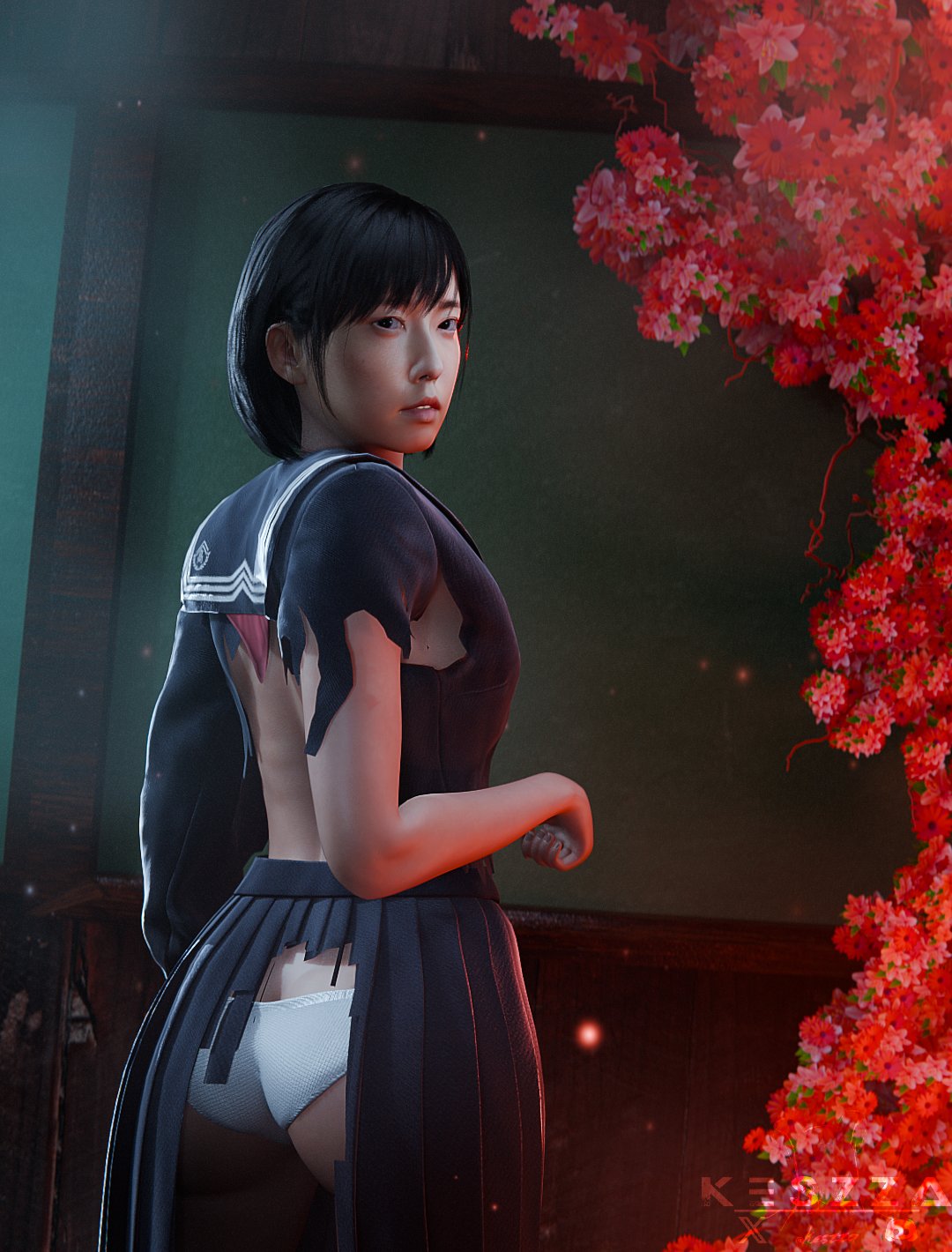 1girls, 3d, asian, asian female, ass, big ass, black hair, brown eyes, damaged clothes, female, female humiliation, female only, hinako shimizu, keszza, konami, looking at viewer, panties, school uniform, schoolgirl, silent hill, silent hill f, skirt, solo, torn clothes, wardrobe malfunction, white panties