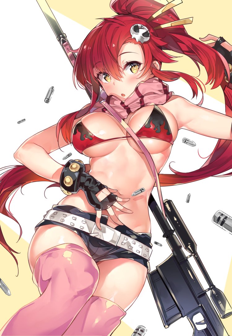 1girls, bare shoulders, bikini top, breasts, bullet, cleavage, cozyquilt, female, female only, fingerless gloves, gloves, gun, hair ornament, large breasts, long hair, ponytail, red hair, rifle, scarf, short shorts, shorts, solo, tengen toppa gurren lagann, thighhighs, tied hair, underboob, weapon, yoko littner