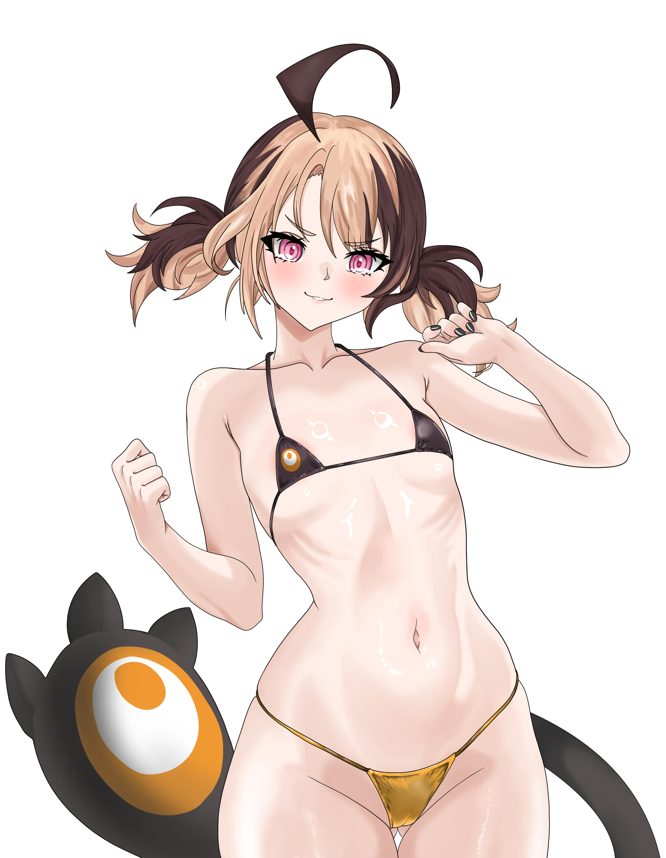 1girl, absurdres, ahoge, ass visible through thighs, bikini, black nails, blush, breasts, brown hair, gigi murin, highres, hololive, hololive english, ivan ramirez, looking at viewer, micro bikini, nail polish, navel, pink eyes, ribs, simple background, small breasts, smile, solo, swimsuit, tail, thigh gap, virtual youtuber, white background