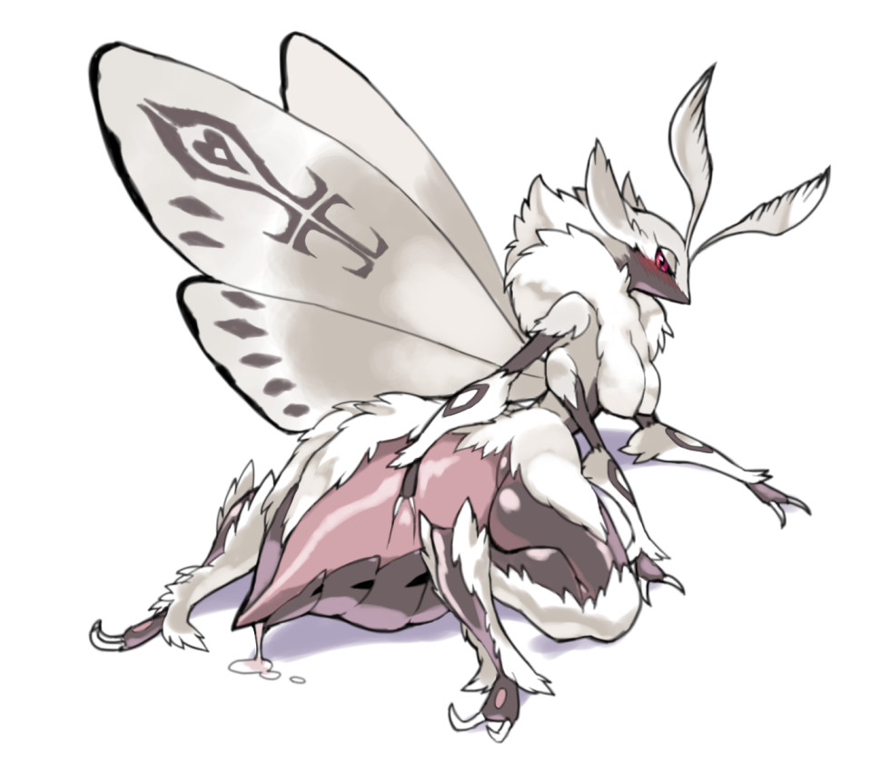 abdomen antennae anthro arthropod black_sclera blush breasts claws cum digitigrade dripping eyelashes female fur insects kneeling looking_at_viewer looking_back moth multi_arm multi_limb red_eyes simple_background solo white_fur wide_hips wings wkar