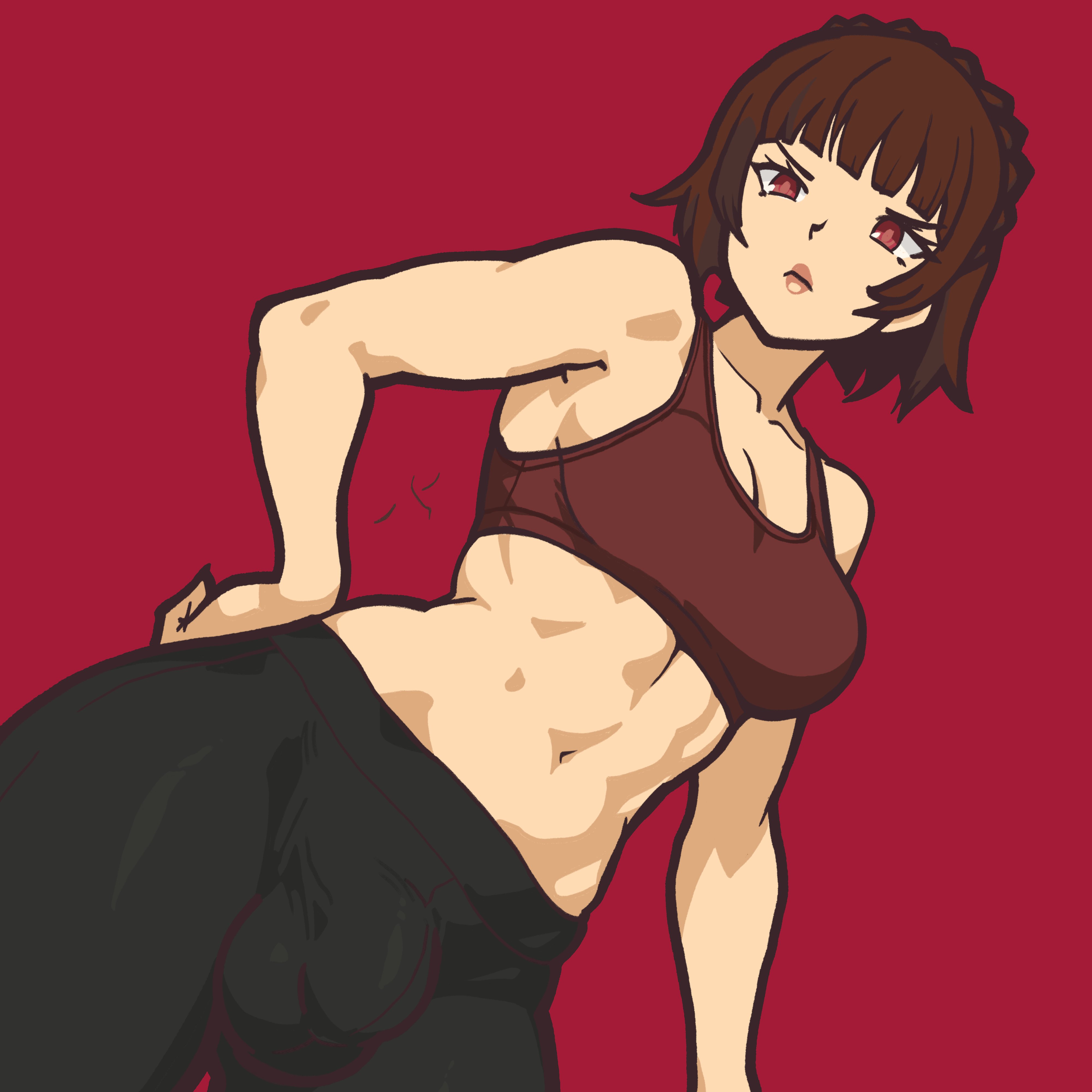 athletic, athletic female, brown hair, bulge through clothing, clothed, cock outline, dickgirl, makoto niijima, muscular, muscular female, persona, persona 5, red eyes, shin megami tensei, sports bra, tight clothing, tight pants