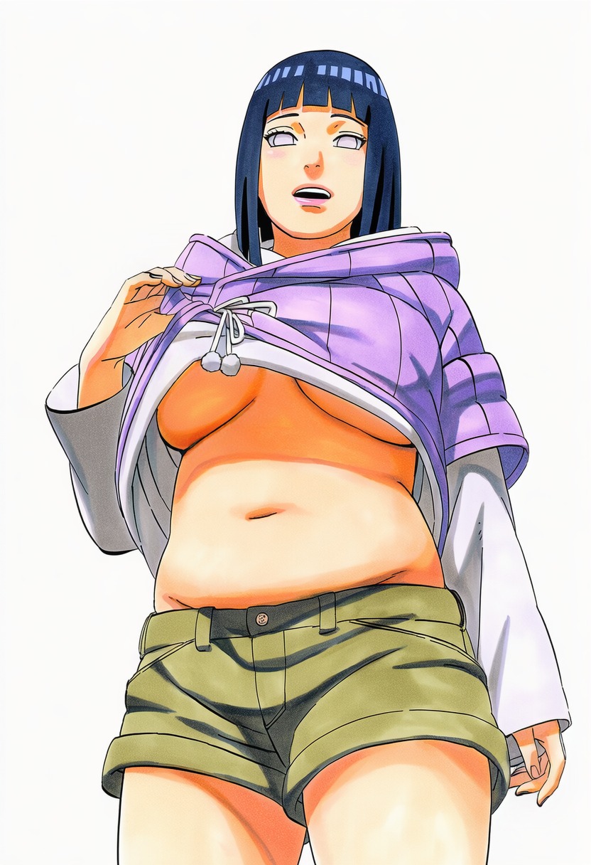 1girls, 2d, accurate art style, accurate body type, ai generated, arm at side, bangs, belly, belly button, belt loop, big breasts, black hair, blunt bangs, blush, bob cut, boobs, boruto: naruto next generations, breasts, busty, busty female, button, cel shading, clothed, clothes lift, clothing, cowboy shot, curvaceous, curvy, curvy figure, drawstring, facing viewer, fat folds, female, female focus, female only, from below, front view, full color, happy, high resolution, highres, hood, hood down, hooded jacket, hoodie, hoodie lift, hyuuga hinata, large breasts, lavender eyes, layered sleeves, lifted by self, light skin, light-skinned female, line art, long sleeves, looking at viewer, looking down, looking down at viewer, manga style, masashi kishimoto style, mature female, midriff, milf, naruto, naruto (series), navel, no bra, no pupils, official style, open mouth, pink lips, plump, pom pom (clothes), pupilless eyes, purple eyes, purple hoodie, shiny hair, shiny skin, short hair, shorts, simple background, sleeves past wrists, smile, smooth skin, soft shading, solo, solo focus, standing, stomach, sweater, teasing, thin eyebrows, three-quarter view, underboob, upper teeth, upper teeth only, uzumaki hinata, viewed from below, waifu, white background