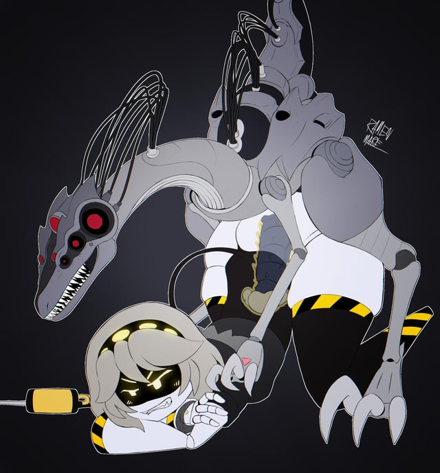 dinosaur, female, male, male/female, mounting, murder drones, robot, sentinel (murder drones), size difference, tagme, tail, v (murder drones)