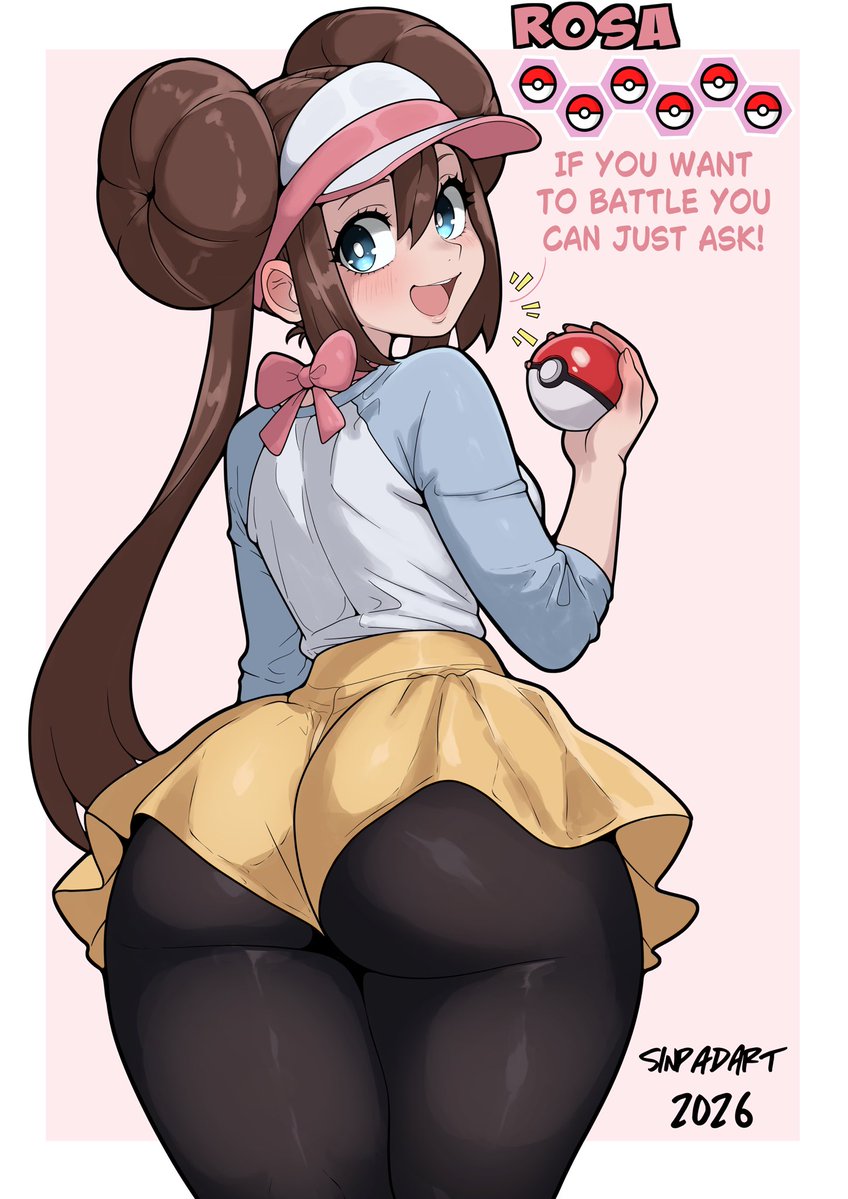blue eyes, english text, fat ass, female, female only, large ass, looking back, nintendo, pantyhose, pokeball, pokemon, pokemon bw, rosa (pokemon), sinpadart, skirt