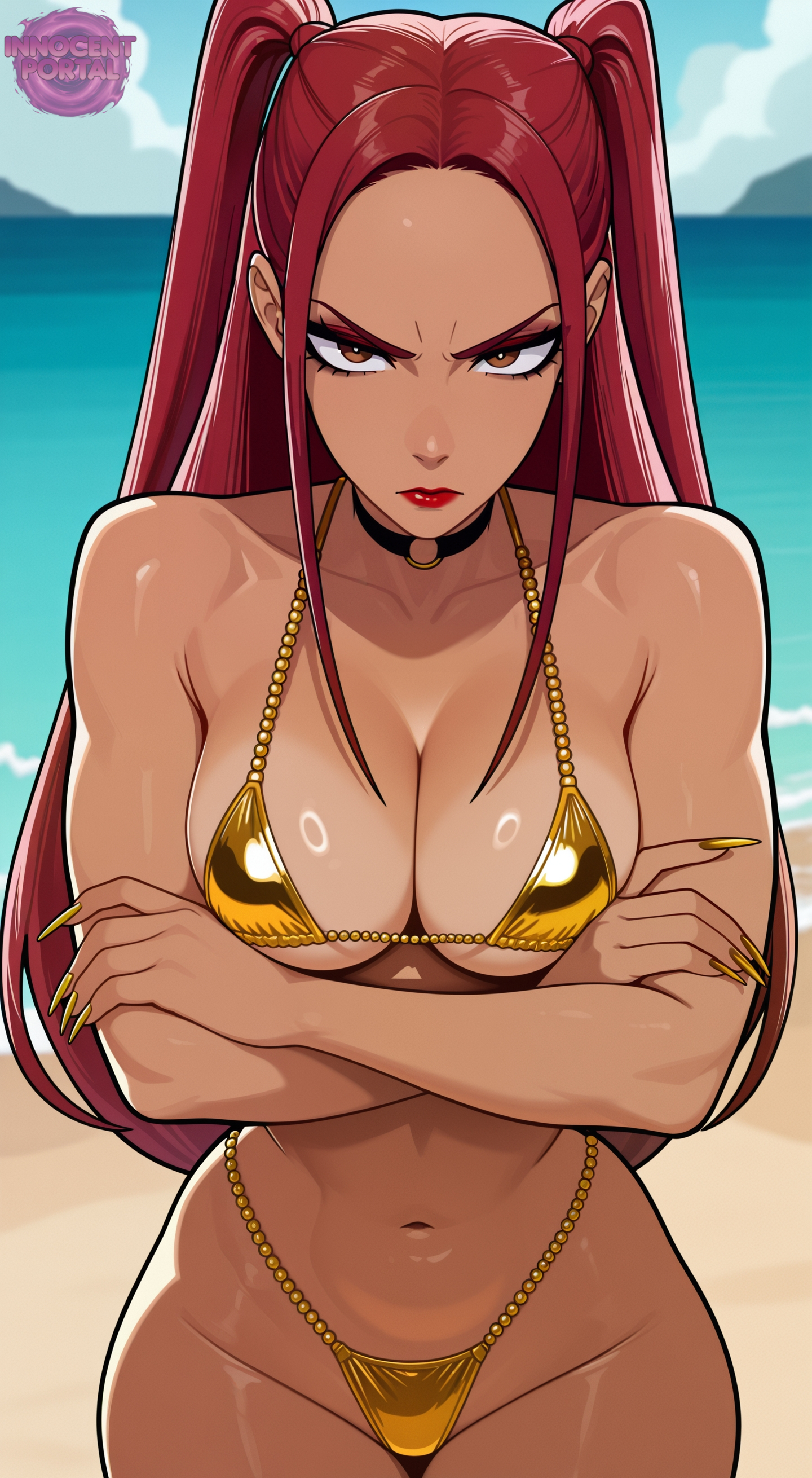1girl, ai generated, arms crossed, beach, beaded bikini, beaded jewelry, big breasts, bikini, bikini thong, body, bra, bratty, brown eyes, busty, busty female, choker, cleavage, crossed arms, demon hunter, female, female focus, female only, gold (metal), gold bikini, gold jewelry, gold nails, hips, huntrix, jorgecarlosai, kpop demon hunters, legs, lipstick, long hair, long nails, makeup, mira (kpop demon hunters), nail polish, navel, red hair, red lipstick, redhead, redhead female, sexy body, tanned, tanned body, tanned female, tanned skin, thighs, toned, toned body, toned female, twintails, twintails (hairstyle), watermark