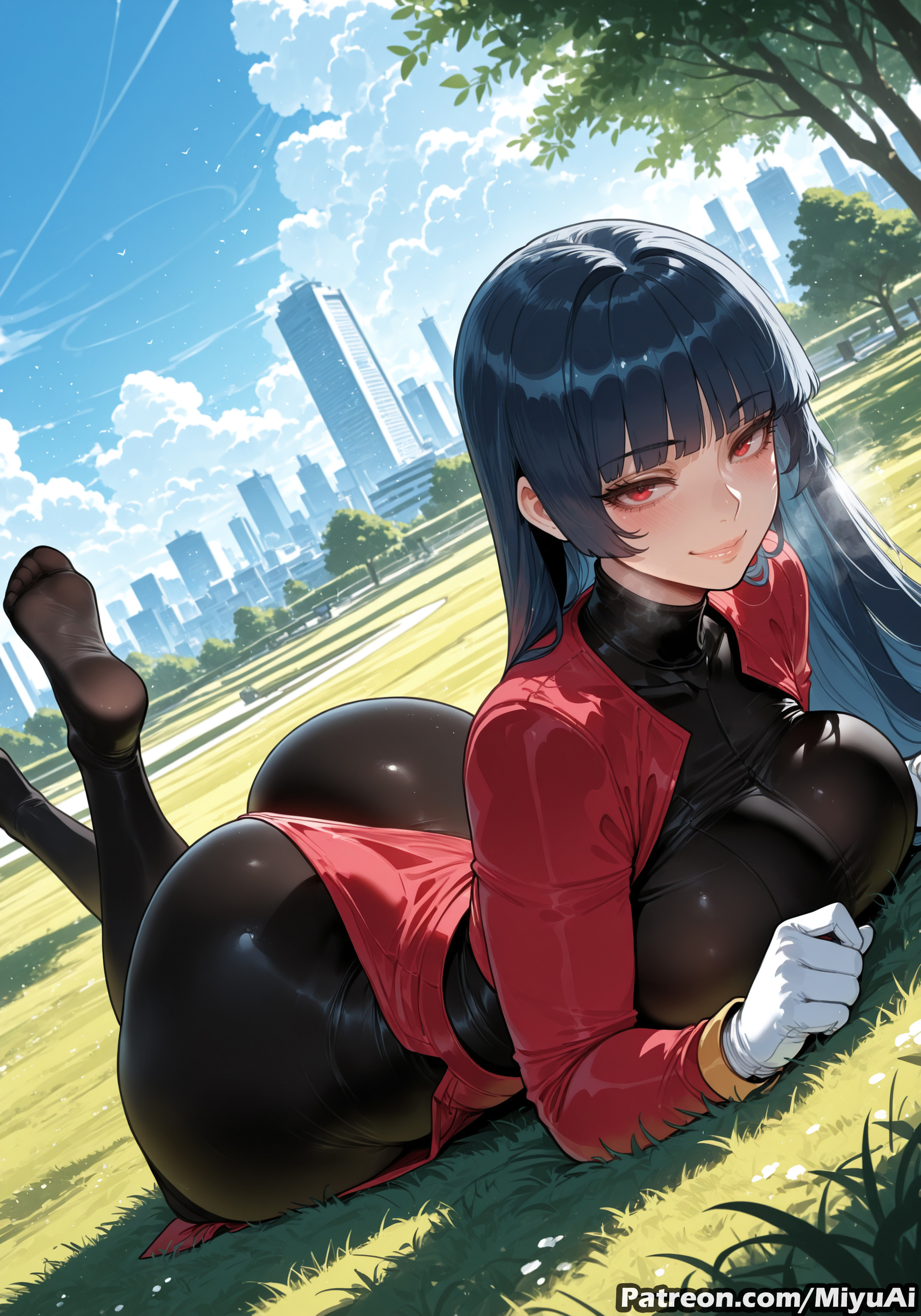1girl, ai assisted, ai generated, ass, bangs, black hair, blunt bangs, blush, bodysuit, breasts, curvaceous, curvy, curvy female, curvy figure, day, diagonal angle, feet, female, gloves, grass, gym leader, huge breasts, jpeg, large breasts, legs up, long hair, looking at viewer, lying, miyuai, on stomach, outdoors, pokemon, red eyes, sabrina (pokemon), shiny, skin tight, sky, smile, soles, solo, thick, thick ass, thick butt, thick hips, thick legs, thick thighs, tree, voluptuous, voluptuous female, wide hips, wide thighs