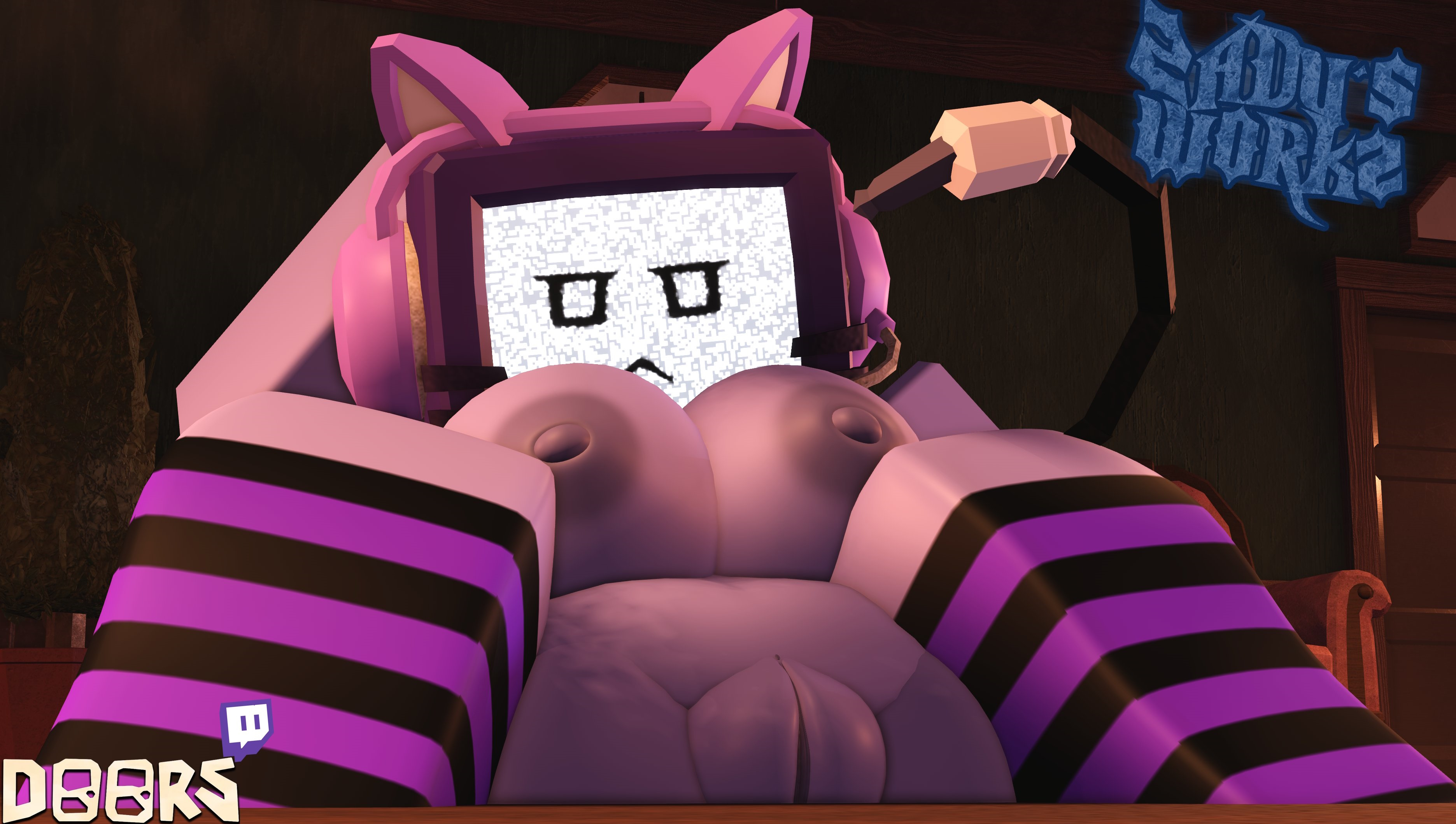1girls, 2020s, 2026, 3d, big breasts, breasts, breasts out, doors (roblox), female, female only, headphones, headset, nude, pussy, roblox, roblox game, robloxian, stevie (doors), thigh highs, thighhighs, tv head, tv screen, watermark, zaduworkz