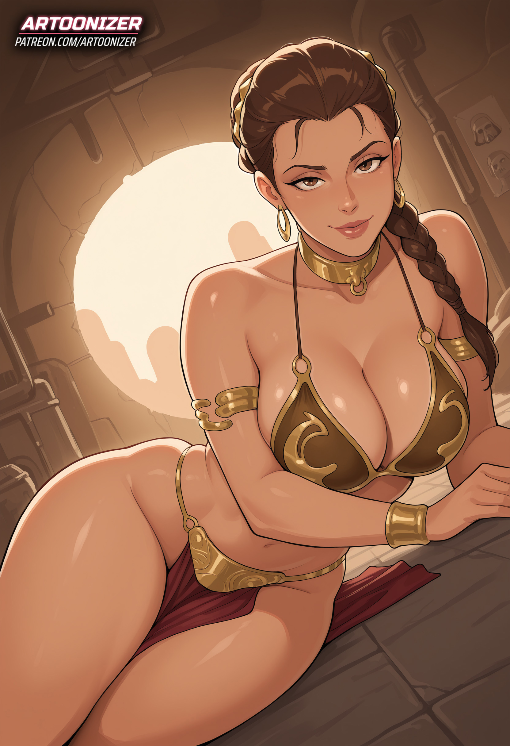 1girls, ai generated, artoonizer, big ass, big breasts, big lips, bikini top, bracelet, braid, breasts, brown eyes, brown hair, collar, curvaceous, curvy, curvy figure, dancer, earrings, exotic dancer, female, huge breasts, jewelry, laying on side, legs together, light skin, light-skinned female, loincloth, long hair, looking at viewer, massive breasts, metal collar, navel, patreon, patreon username, pelvic curtain, posing, princess leia organa, shiny skin, slave bikini, slave collar, slave leia, slave leia outfit, slavekini, smile, solo, solo female, solo focus, star wars, stomach, thick hips, thick thighs, wide hips