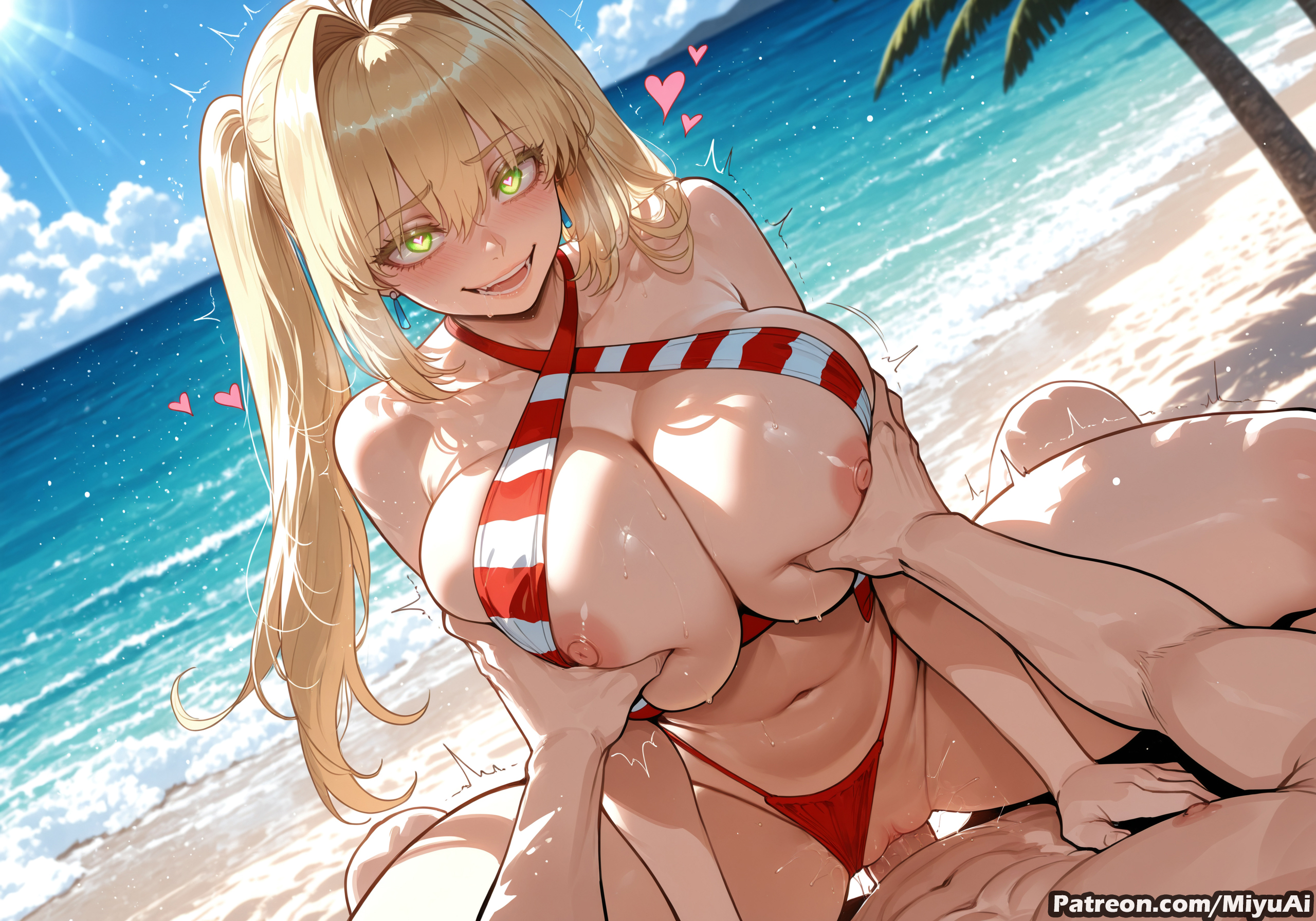 1boy, 1girl, ahoge, ai assisted, ai generated, bangs, beach, bead bracelet, bikini, bikini aside, blonde hair, blue sky, blush, bracelet, breasts, censored, collarbone, cowgirl position, criss-cross halter, curvaceous, curvy, curvy female, curvy figure, day, deep skin, earrings, eyebrows visible through hair, fate (series), fate/grand order, female, girl on top, green eyes, hair between eyes, hair intakes, halterneck, heart, hetero, jewelry, large breasts, long hair, looking at viewer, miyuai, navel, nero claudius (fate), nero claudius (fate) (all), nero claudius (swimsuit caster), nero claudius (swimsuit caster) (fate), nipples, ocean, outdoors, penis, pov, pussy, sex, sky, smile, solo focus, spread legs, straddling, striped, striped bikini, sweat, swimsuit, thick, thick ass, thick butt, thick hips, thick legs, thick thighs, twintails, vaginal, voluptuous, voluptuous female, water, wide hips, wide thighs