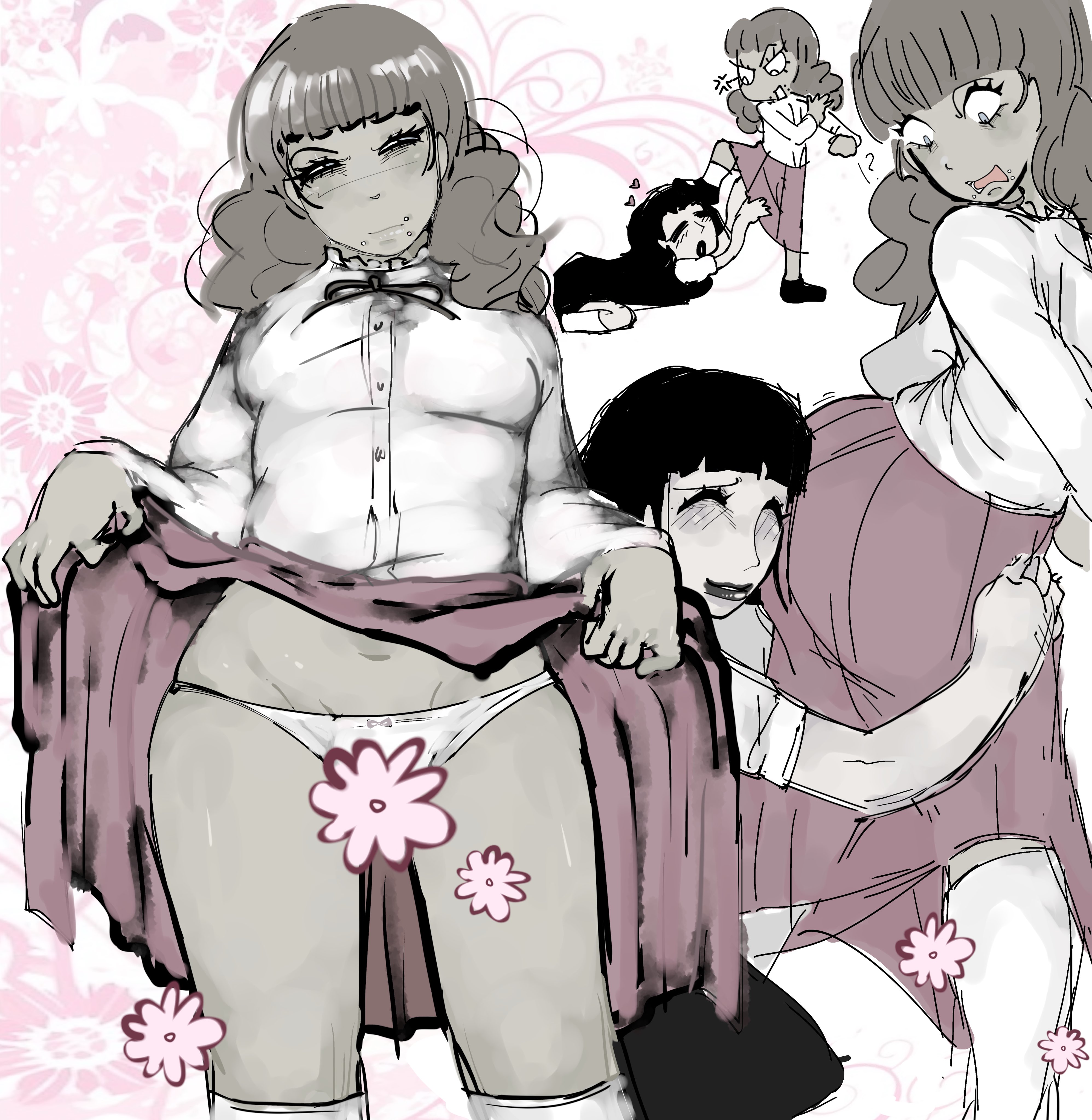 2girls, ass, big ass, fat ass, fear and hunger, fear and hunger: termina, flashing, marina (fear and hunger), pantyshot, ppurgatori, samarie (fear and hunger), sketch page, skirt, skirt lift, skirt up, trans woman, transfem, yuri