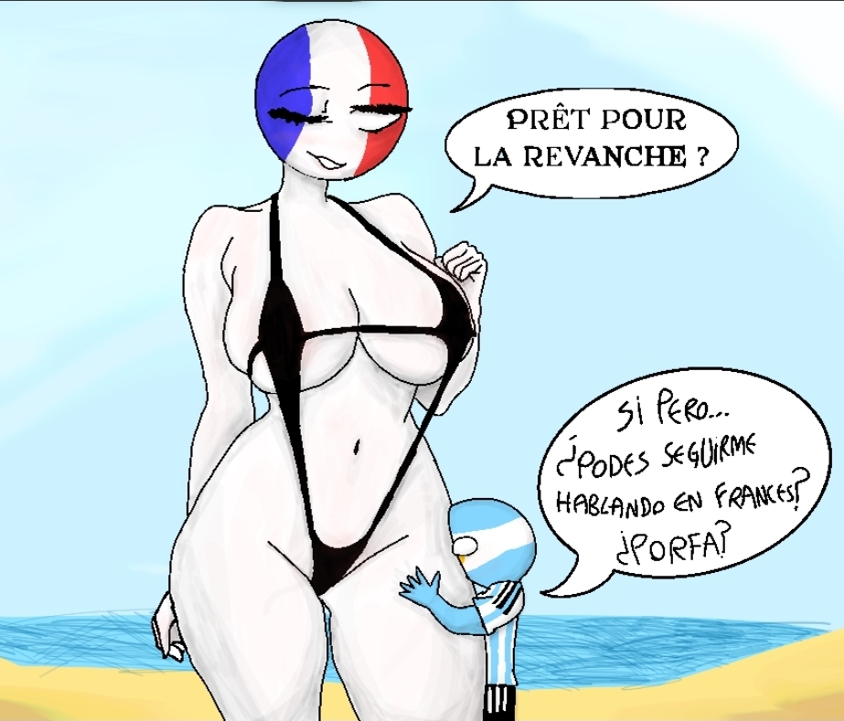 1boy, 1boy1girl, 1girl, 1girls, argentina, argentina (countryhumans), beach, bikini, black bikini, countryhumans, countryhumans girl, dominant female, female, female focus, france, france (countryhumans), giant, giant female, giantess, hetero, heterosexual, huge breasts, male, milf, size difference, sling bikini, spanish dialogue, spanish text, taller female, taller male