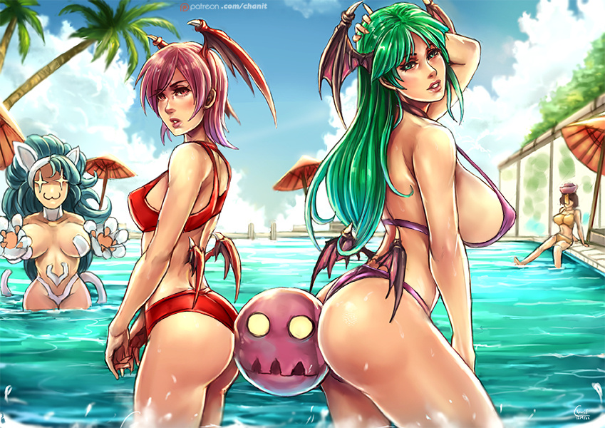 1girls, ass, ball, bikini, breasts, cleavage, darkstalkers, demon, felicia, felicia (darkstalkers), female, female only, head wings, kachima, large breasts, lilith aensland, looking at viewer, looking back, medium breasts, morrigan aensland, sisters, small breasts, solo, succubi, succubus, succubus wings, swimsuit, water