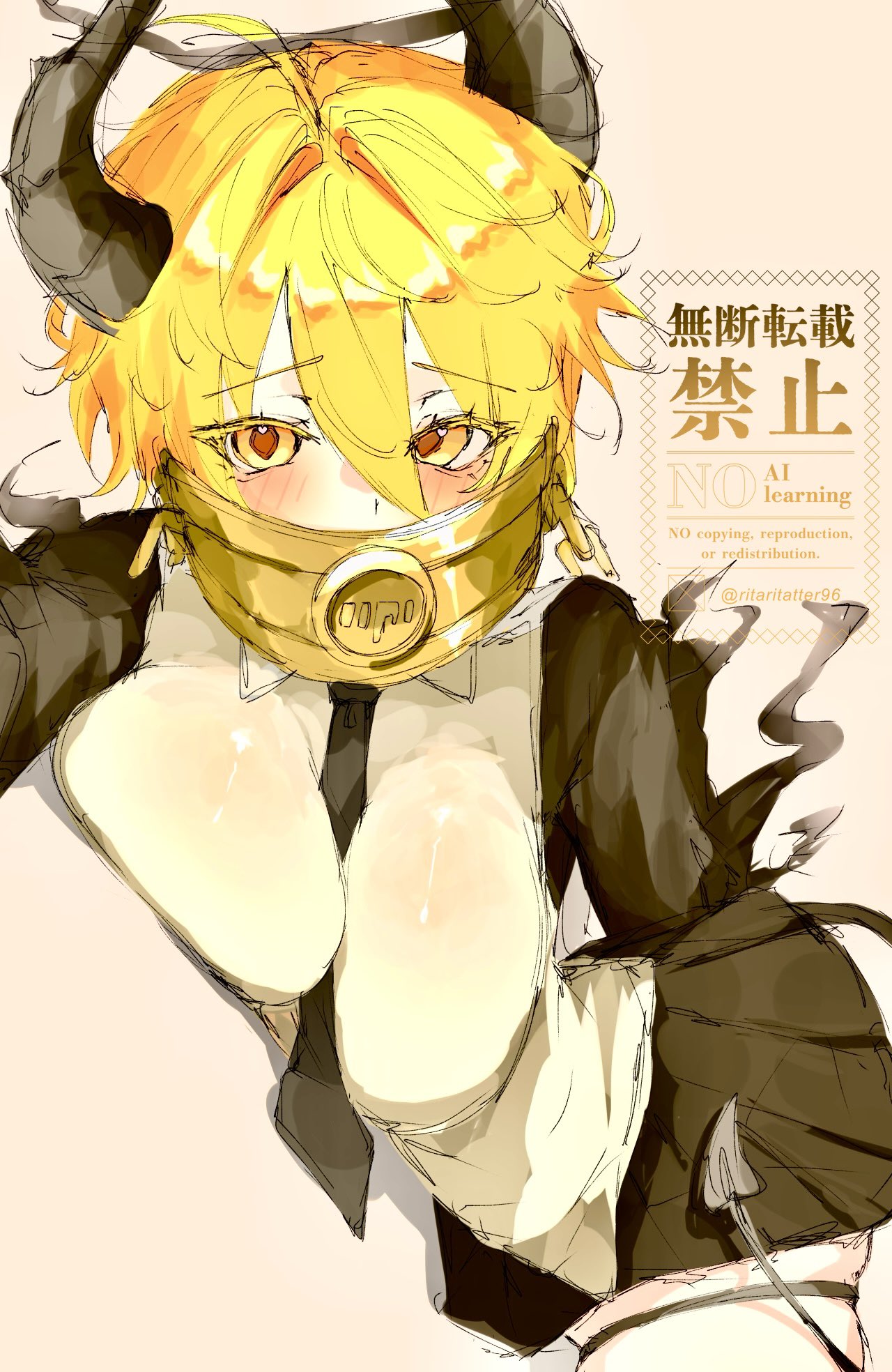 1girl, black halo, black hands, black necktie, black skirt, blonde hair, blush, breasts, breasts press, breasts pressed together, chain, collar, colored extremities, commentary, demon girl, demon tail, don quixote (limbus company), e.g.o (project moon), gold collar, halo, heart, heart eyes, highres, horns, index (identity) (project moon), index don quixote, large breasts, limbus company, looking at viewer, necktie, procuration (e.g.o), project moon, ritaritatter96, shirt, short hair, skirt, solo, tail, white background, white shirt