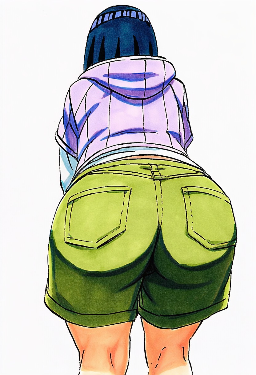 1girls, 2d, accurate art style, accurate body type, ai generated, ass, ass focus, back view, bent over, big ass, black hair, bob cut, boruto: naruto next generations, cel shading, clothed, clothing, facing away, female, female focus, female only, from behind, full color, green shorts, high resolution, highres, hood, hood down, hooded jacket, hoodie, hyuuga hinata, kneepits, large ass, leaning forward, light skin, light-skinned female, line art, long sleeves, manga style, masashi kishimoto style, mature female, milf, naruto, naruto (series), official style, pockets, purple hoodie, shiny hair, shiny skin, short hair, shorts, simple background, soft shading, solo, solo focus, standing, sweater, uzumaki hinata, viewed from behind, waifu, white background