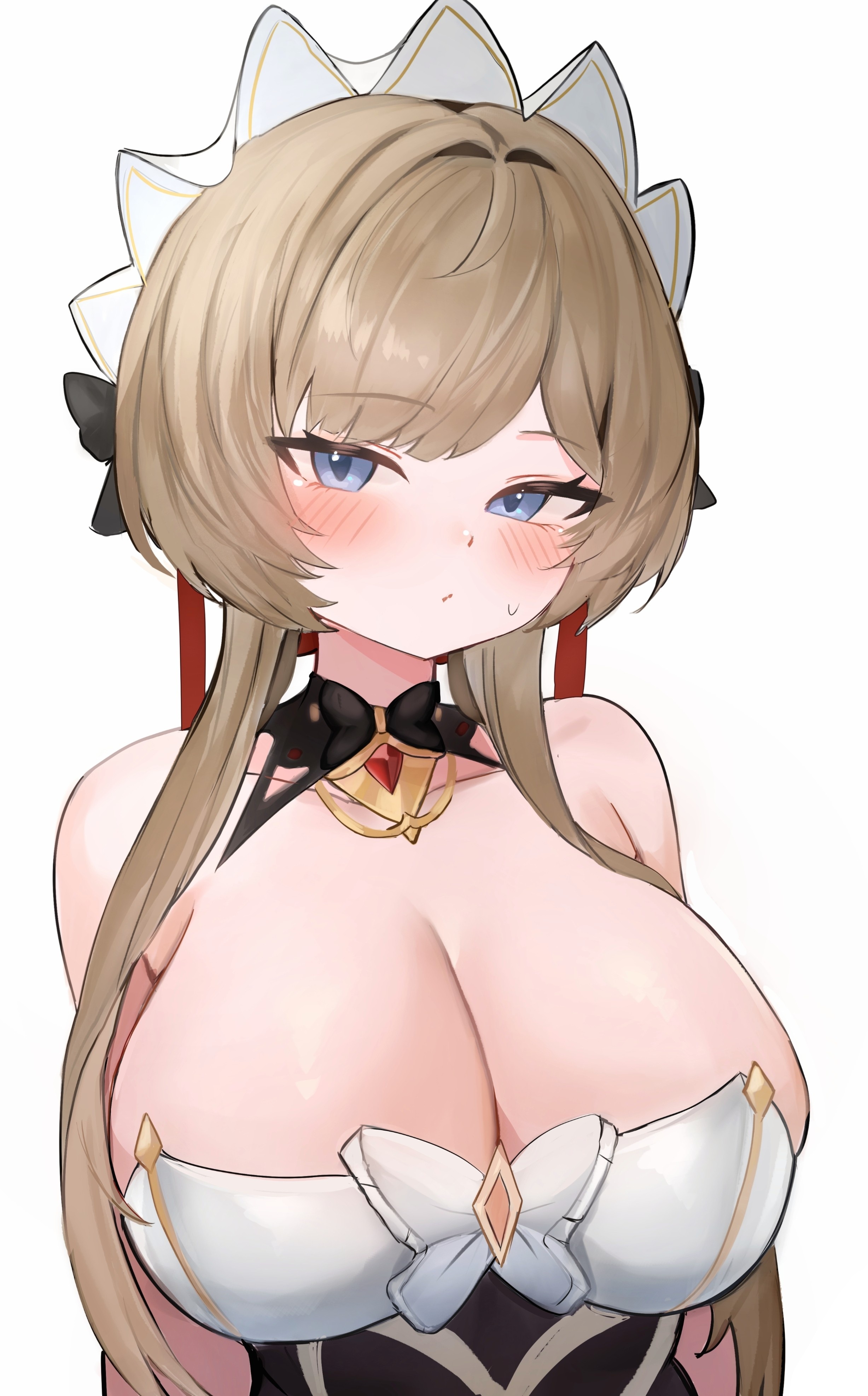 1girls, breasts, cleavage, female, female focus, female only, genshin impact, large breasts, light skin, light-skinned female, looking at viewer, pingun, sandrone (genshin impact), solo, white background
