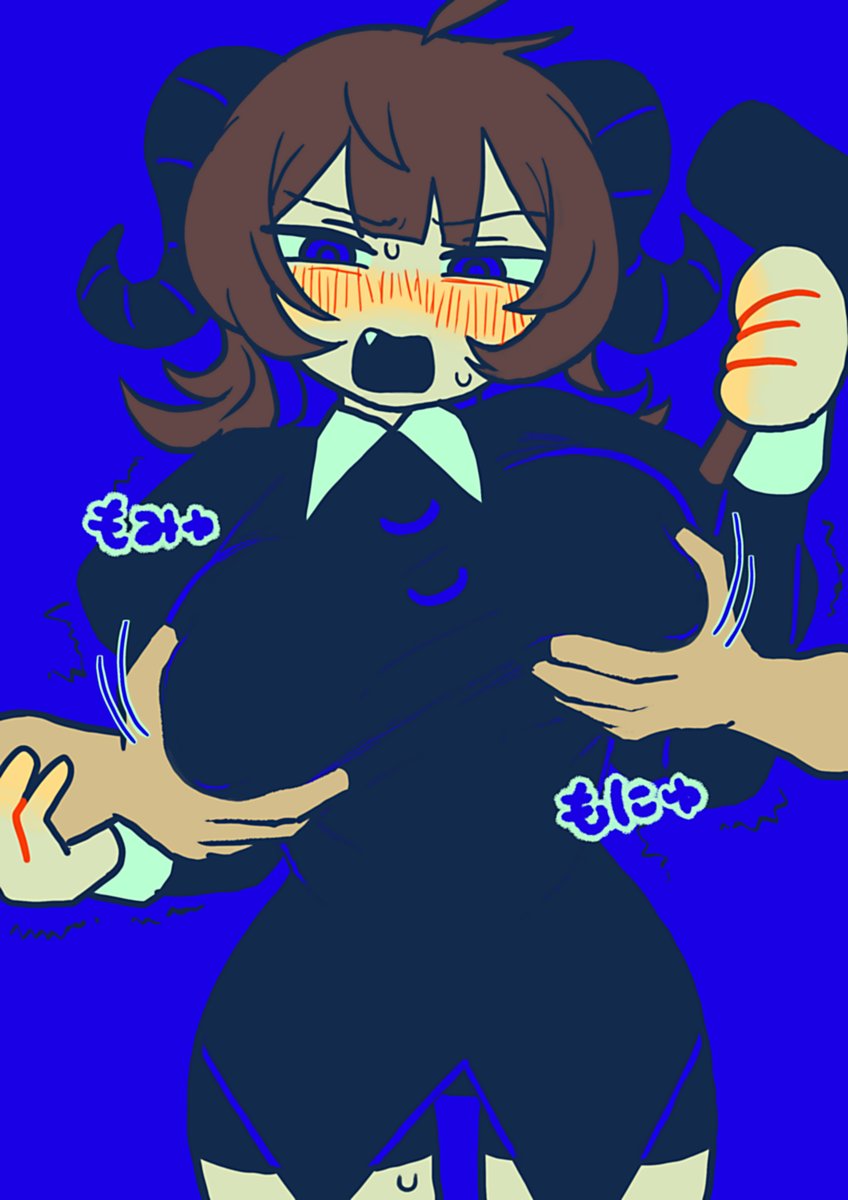 1girls, 1other, alternate breast size, angry, antani ittenno (utau), antani ittenno-chan, black dress, blue background, blue eyes, blush, breast grab, breast grab from behind, brown hair, collared dress, cute fang, demon horns, dress, fukami asase, hammer, holding hammer, horns, motion lines, mv character, open mouth, puffy long sleeves, short hair, simple background, sweat, tomboy, trembling, tsundere, utau