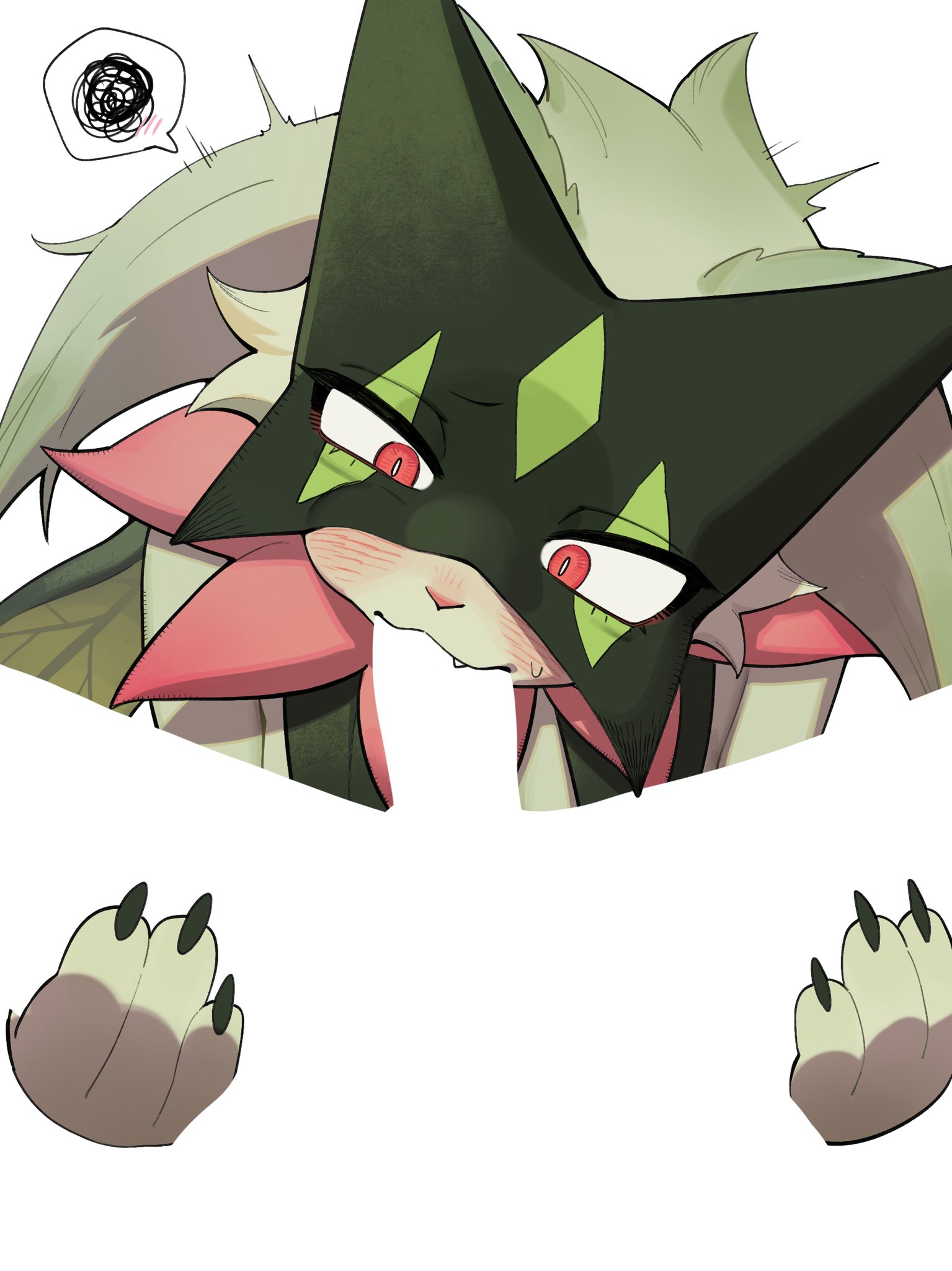1boy, 1girl, blush, body fur, bright pupils, commentary request, fellatio, furry, furry female, green fur, gu deulmok, hetero, highres, israeli, korean commentary, looking at viewer, meme, meowscarada, negative space oral (meme), oral, pokemon, pokephilia, pov, red eyes, simple background, spoken squiggle, squiggle, white background, white pupils