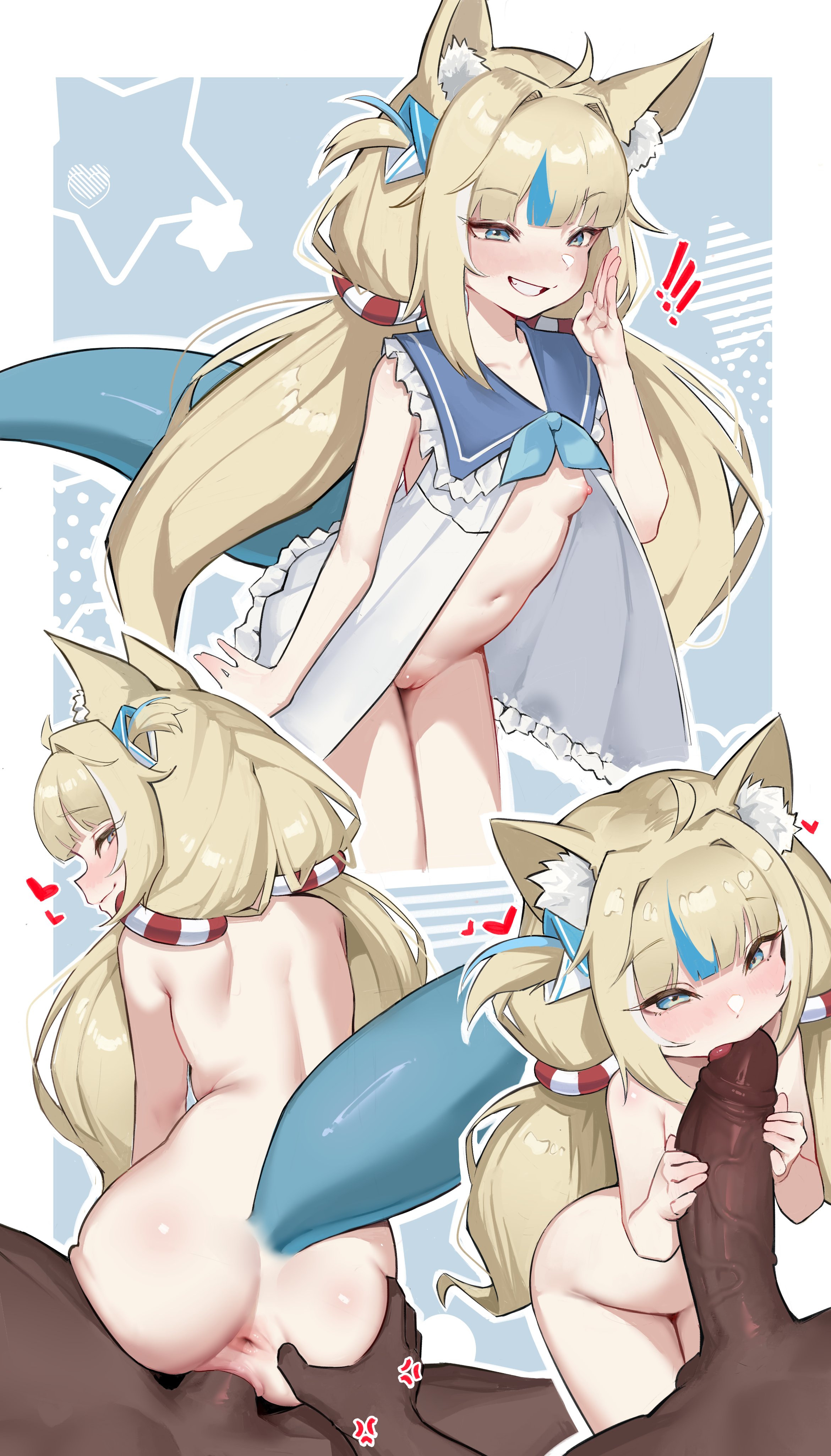 1boy, 1girls, 2d, 2d (artwork), animal ear fluff, animal ears, anus, belly button, blonde hair, blowjob, breasts, cat ears, color, dark skin, dark-skinned male, fellatio, fish tail, heart, illustration, indie virtual youtuber, light skin, light-skinned female, nottoauru (ohwl), penetration, penis, pov, pussy, sameko saba, sex, small breasts, tail, vaginal penetration, virtual youtuber
