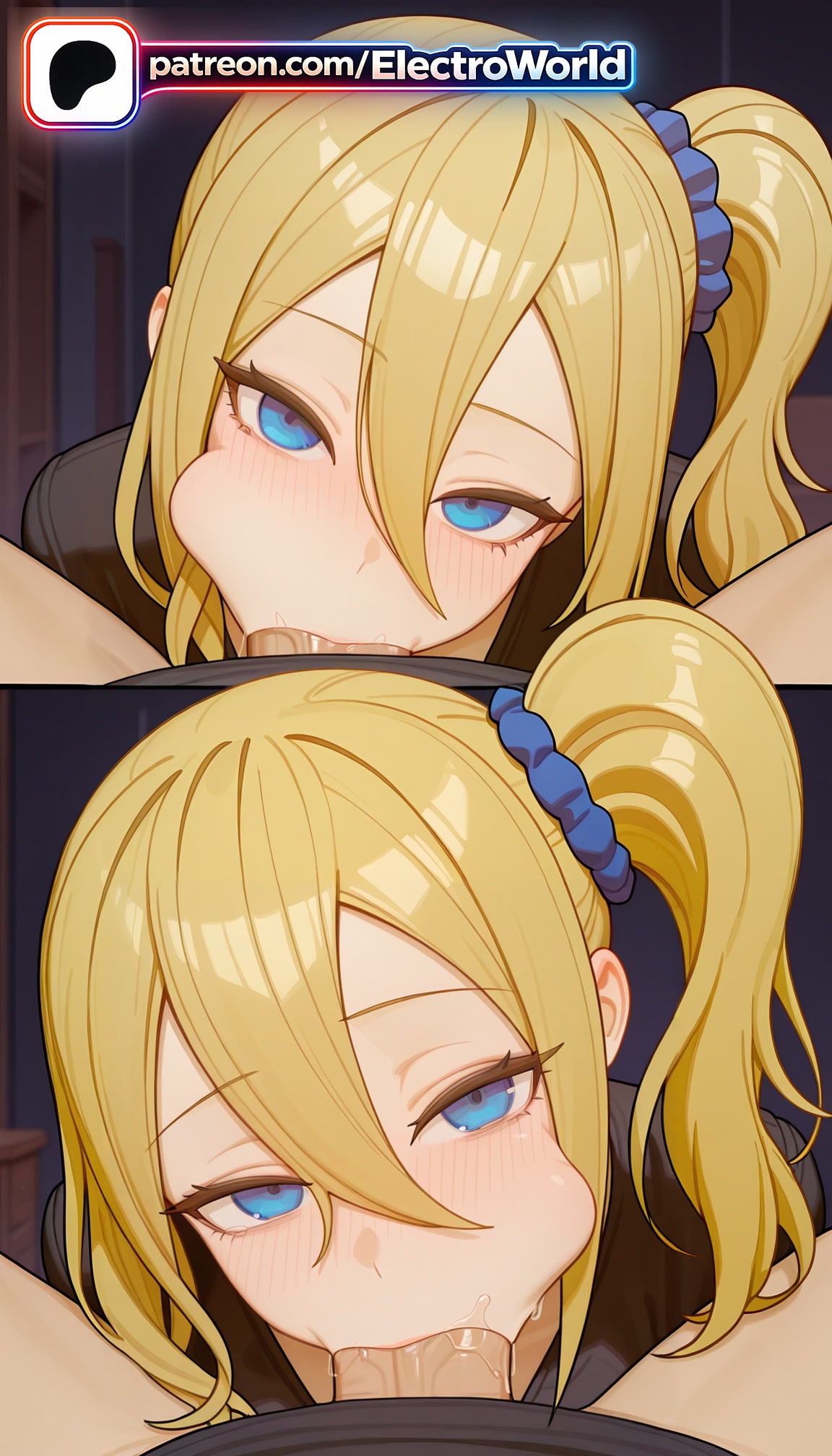 :>=, 1boy, 1girl, 1girls, 2026, 2girls, ai generated, artist name, black scrunchie, blonde hair, blowjob, blowjob face, blue eyes, blue scrunchie, blush, cock, desk, dick, electroworld, fellatio, hair between eyes, hair ornament, hair scrunchie, hayasaka ai, hetero, hi res, high quality, high resolution, highres, kaguya-sama wa kokurasetai ~tensai-tachi no renai zunousen~, licking, multiple girls, oral, oral sex, patreon, patreon username, penis, pink scrunchie, polka dot scrunchie, pov, purple scrunchie, school uniform, scrunchie, shuuchiin academy uniform, side ponytail, stable diffusion, sucking, watermark, wrist scrunchie, yellow scrunchie
