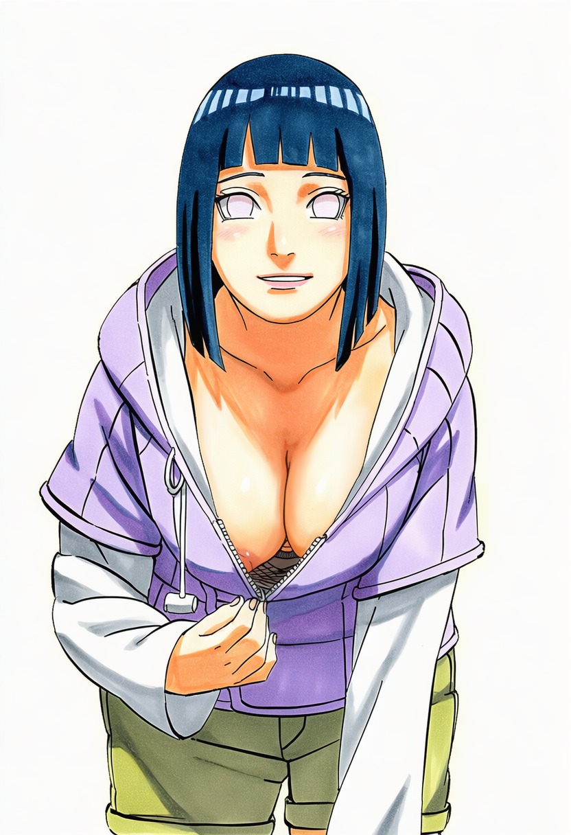 1girls, 2d, accurate art style, accurate body type, ai generated, areola slip, areolae, bangs, bent over, big breasts, black hair, blunt bangs, blush, bob cut, boobs, boruto: naruto next generations, breasts, busty, busty female, cel shading, cleavage, clothed, clothing, downblouse, drawstring, facing viewer, female, female focus, female only, from below, front view, full color, happy, high resolution, highres, hood, hood down, hooded jacket, hoodie, hyuuga hinata, large breasts, lavender eyes, layered sleeves, leaning forward, light skin, light-skinned female, line art, long sleeves, looking at viewer, looking down, looking down at viewer, manga style, masashi kishimoto style, mature female, midriff, milf, naruto, naruto (series), nipple slip, nipples, no bra, no pupils, official style, pink lips, pupilless eyes, purple eyes, purple hoodie, shiny hair, shiny skin, short hair, shorts, simple background, smile, smooth skin, soft shading, solo, solo focus, standing, sweater, teasing, thin eyebrows, unzipped, unzipped hoodie, unzipping, uzumaki hinata, waifu, wardrobe malfunction, white background, zipper