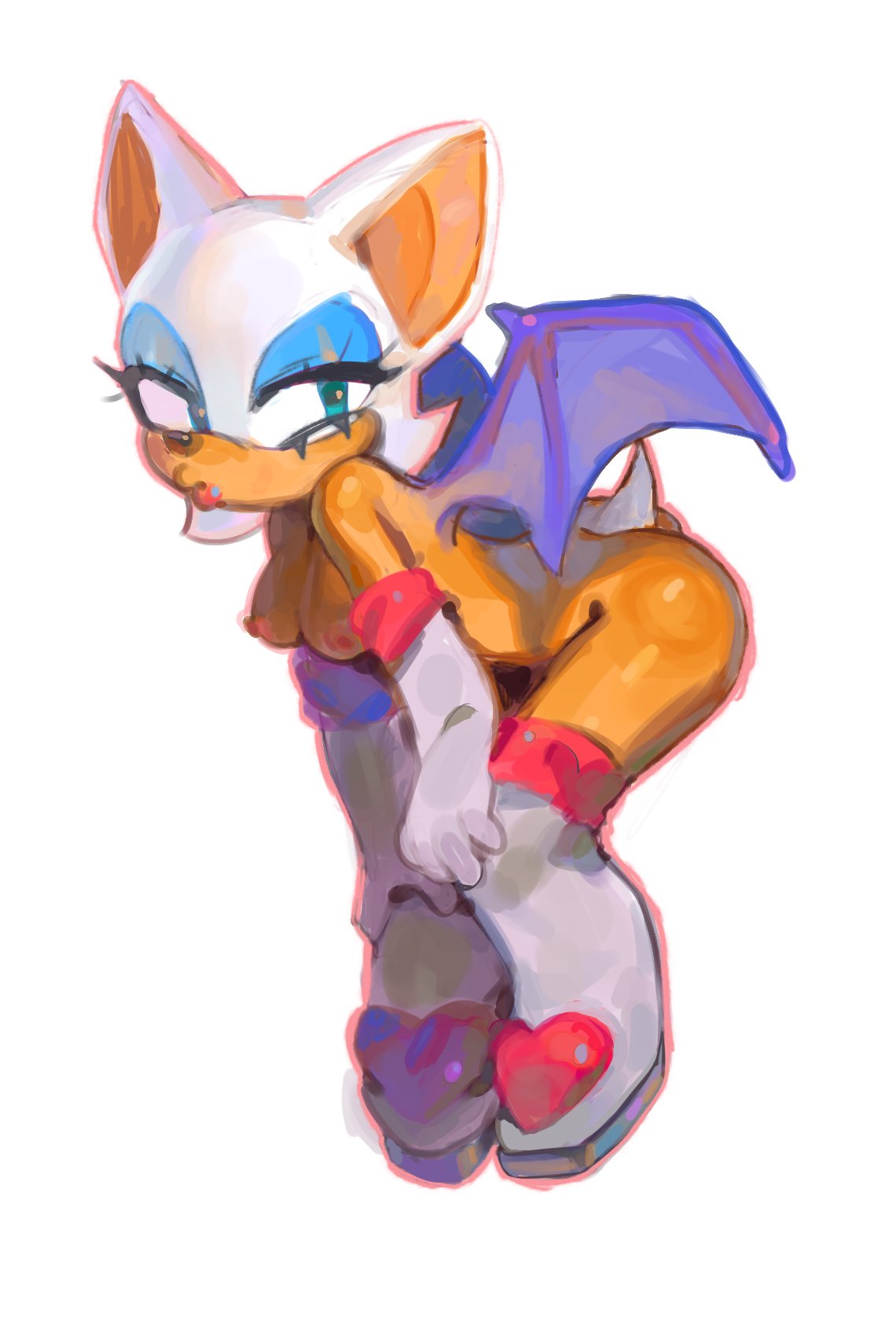 1girls, areolae, ass cleavage, bat ears, bat wings, bent over, big breasts, boots, breasts, elbow gloves, fat ass, female, functionally nude, green eyes, membranous wings, naked footwear, pinklilim, puckered lips, rouge the bat, solo, sonic (series), sonic the hedgehog (series), tail, tan skin, white background, white hair