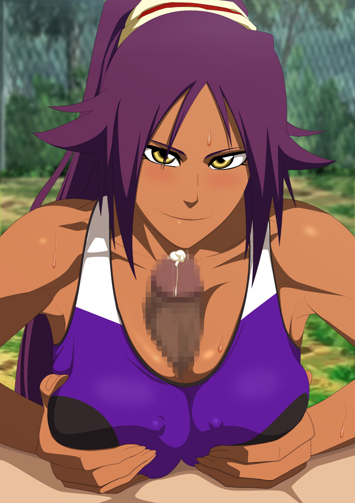 1boy, 1girls, bare shoulders, bleach, breasts, censored, clothed female nude male, cum, dark skin, dark-skinned female, female, interracial, large breasts, lime (purple haze), looking at viewer, male, nipples, paizuri, paizuri under clothes, purple hair, shihouin yoruichi, smile, solo focus, sports bra, yellow eyes