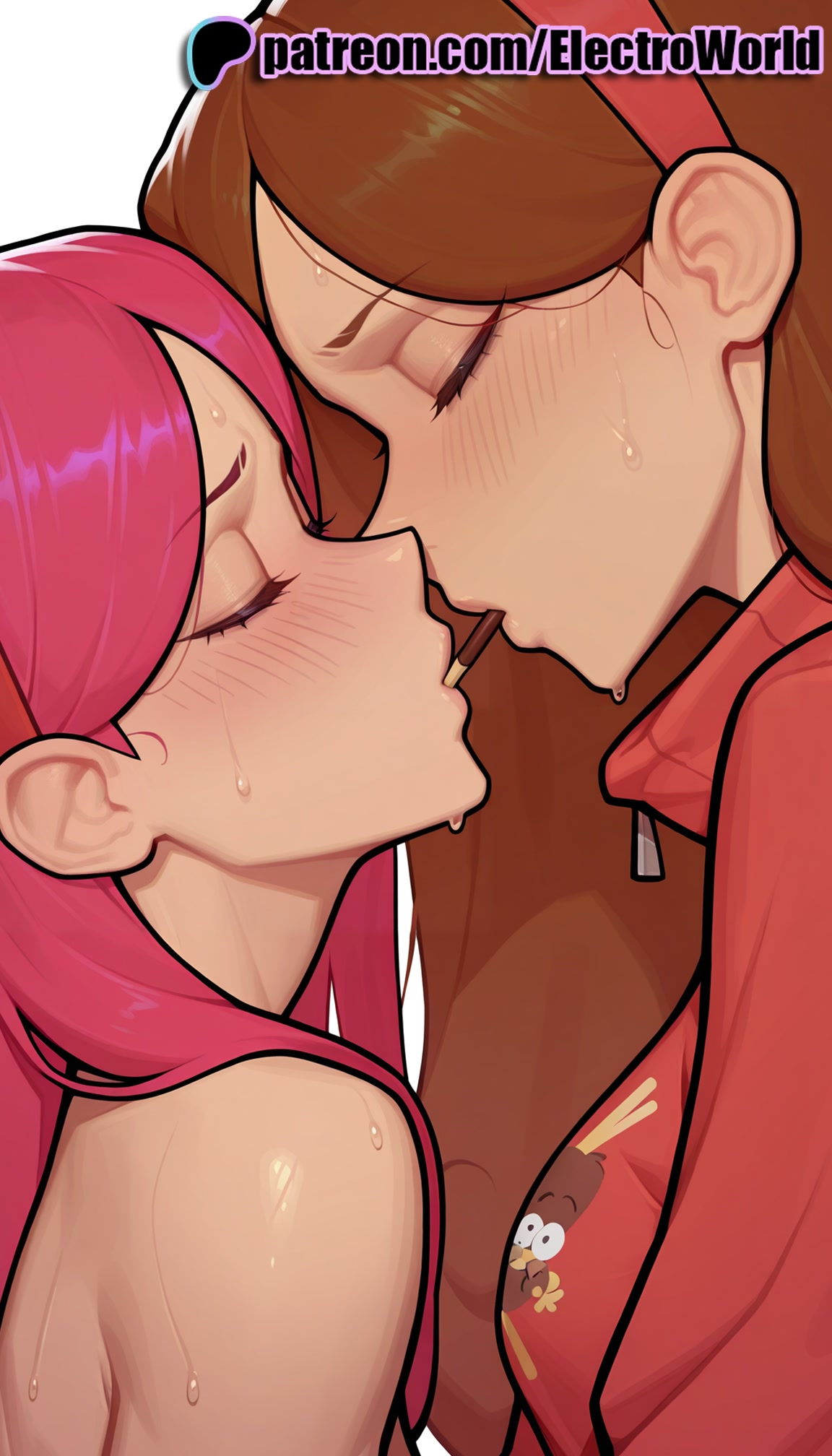 1girls, 2025, ai generated, artist name, blush, closed eyes, electroworld, female, food, gravity falls, hi res, high quality, high resolution, highres, kissing, long hair, mabel pines, mole, mouth hold, multiple girls, patreon, patreon username, pink hair, pocky, pocky kiss, shared food, stable diffusion, sweat, sweatdrop, watermark, yuri