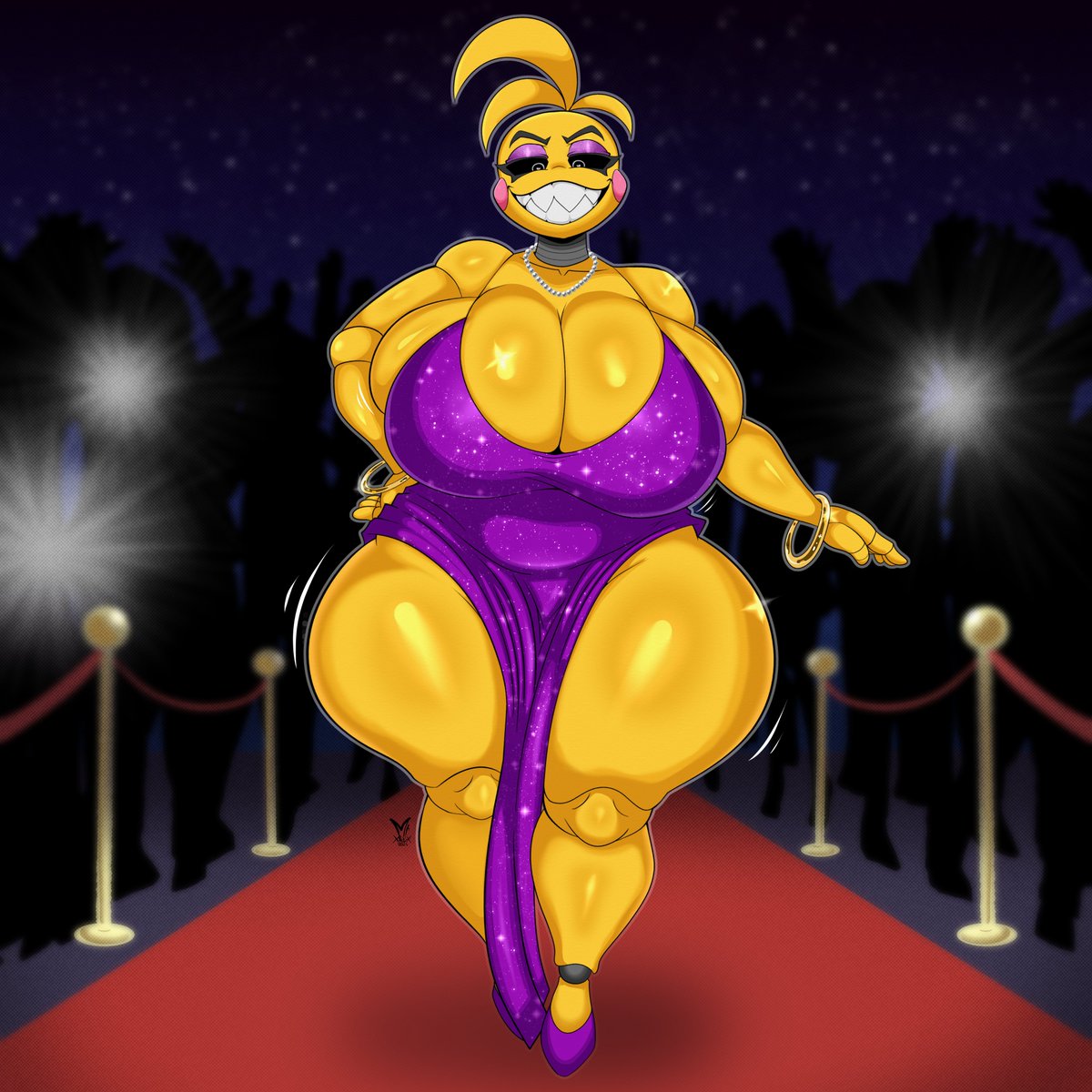 1girls, animatronic, anthro, big breasts, black sclera, breasts, busty, camera flash, cleavage, clothing, dress, female, female focus, five nights at freddy's, five nights at freddy's 2, furry, huge breasts, large breasts, looking at viewer, mrxrickyx, robot, robot girl, silhouette, smile, solo, thick thighs, thunder thighs, toy chica (fnaf), walking, wide hips