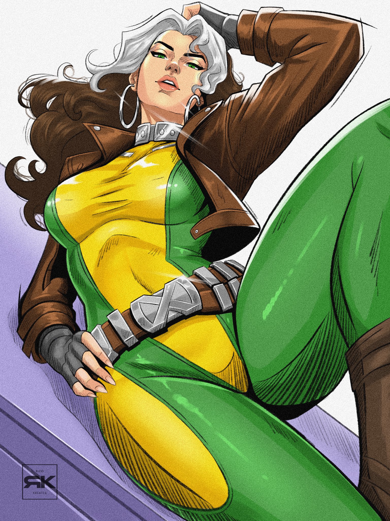 big ass, big breasts, female, female only, hoop earrings, marvel, marvel rivals, rkreates, rogue (marvel rivals), rogue (x-men), skintight, thick thighs, tight clothing