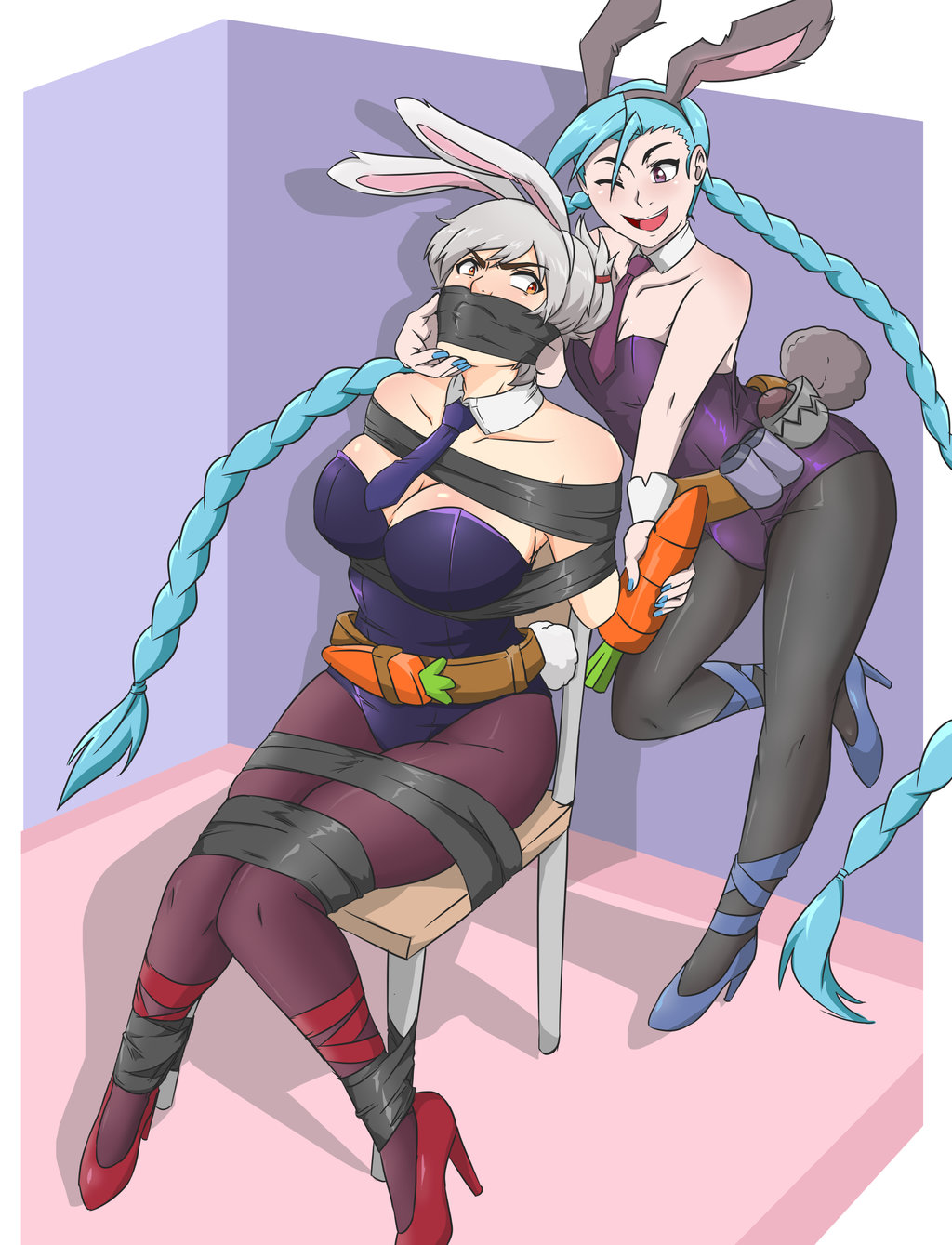 2girls angry battle_bunny_jinx battle_bunny_riven blue_hair bondage bound bound_to_chair braids breasts bunny_ears bunny_girl carrot carrot_dildo chair_bondage dildo duct_tape femdom femsub gag gagged heels jinx_(league_of_legends) large_breasts league_of_legends long_hair multiple_girls pantyhose riven ryner-e silver_hair tape tape_bondage tape_gag taped_ankles taped_arms taped_legs taped_mouth taped_to_chair tie wink yuri