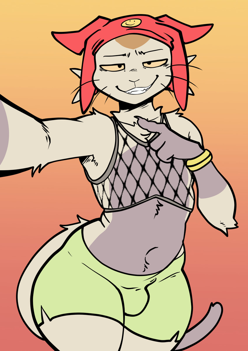 1boy, 2d, anthro, apsel bluestar, arched back, betelgeusian, big ass, bottomwear, bulge through clothing, cat ears, cat tail, fangs, feline, femboy, fishnet clothing, fishnet topwear, fishnets, gold (metal), gold bracelet, green shorts, half-closed eyes, headgear, headwear, humanoid hands, mammal, meow (space dandy), multicolored body, multicolored fur, navel, pose, red hat, selfie, shorts, space dandy, thick thighs, voluptuous femboy