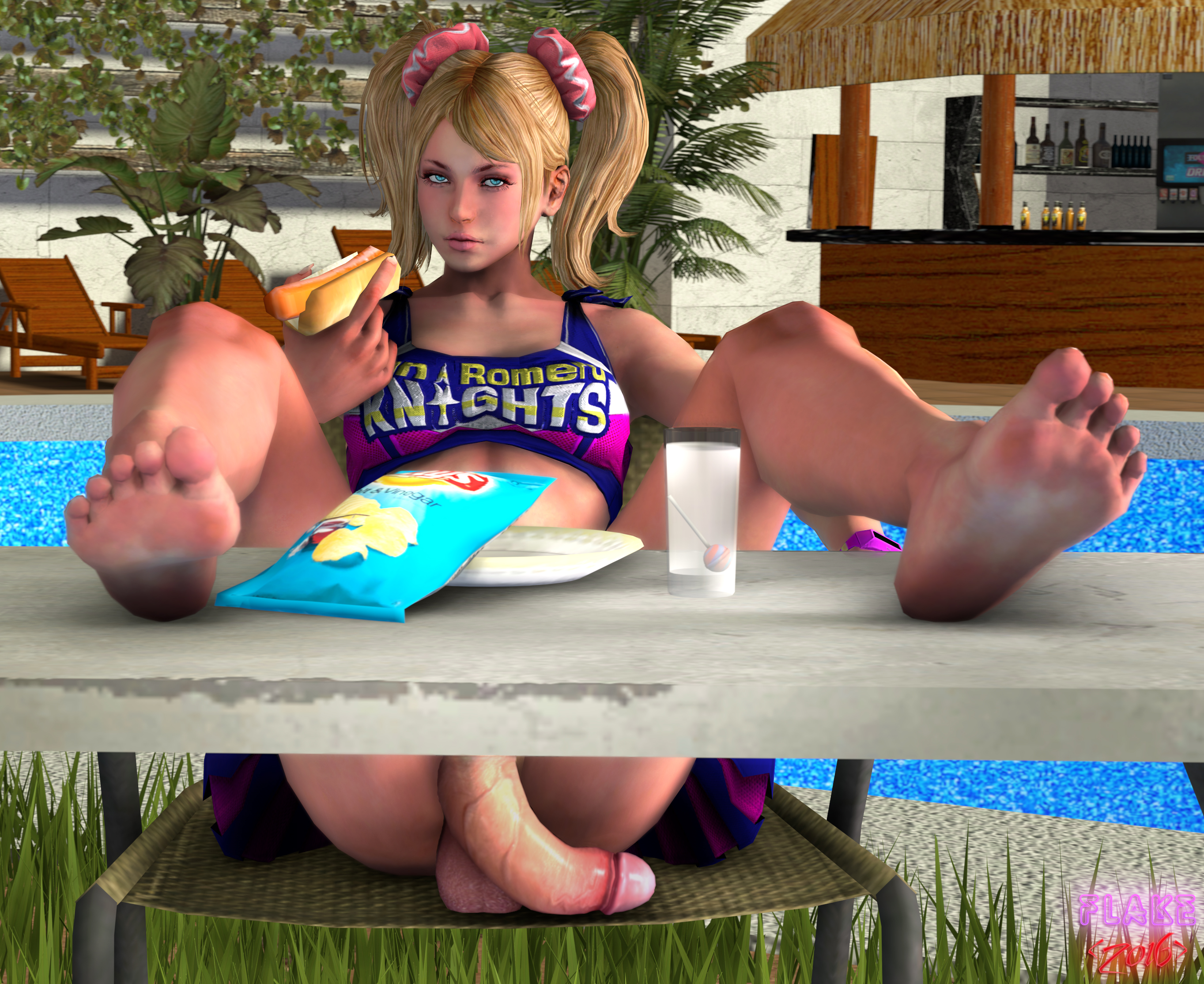 1futa, 3d, ass, balls, balls under clothes, blonde hair, blue eyes, bottomless skirt, cheerleader, dickgirl, flaccid, futa only, futanari, hot dog, intersex, juliet starling, lollipop chainsaw, penis, penis out, penis under clothes, penis under skirt, pool, skirt, skirt lift, testicles, tied hair, toes, twintails, wide hips