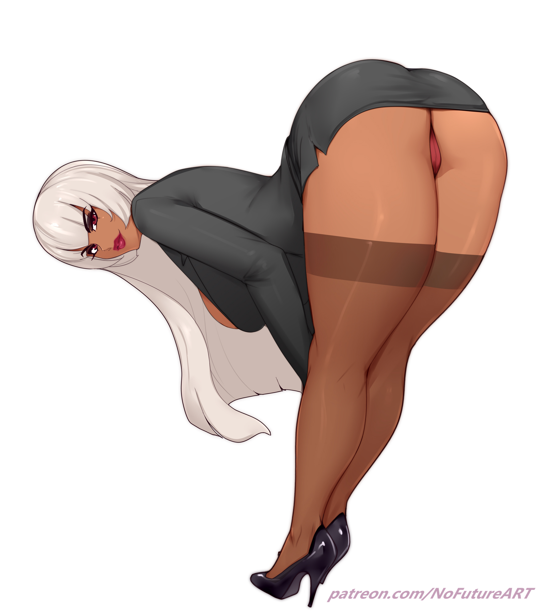 1girls, akane (hello world), ass, bent over, commission, dark skin, dark-skinned female, female, female only, heels, hi res, long hair, looking at viewer, nofuture, panties, rear view, red eyes, red lipstick, solo, stockings, suit, thick ass, thick thighs, white background, white hair