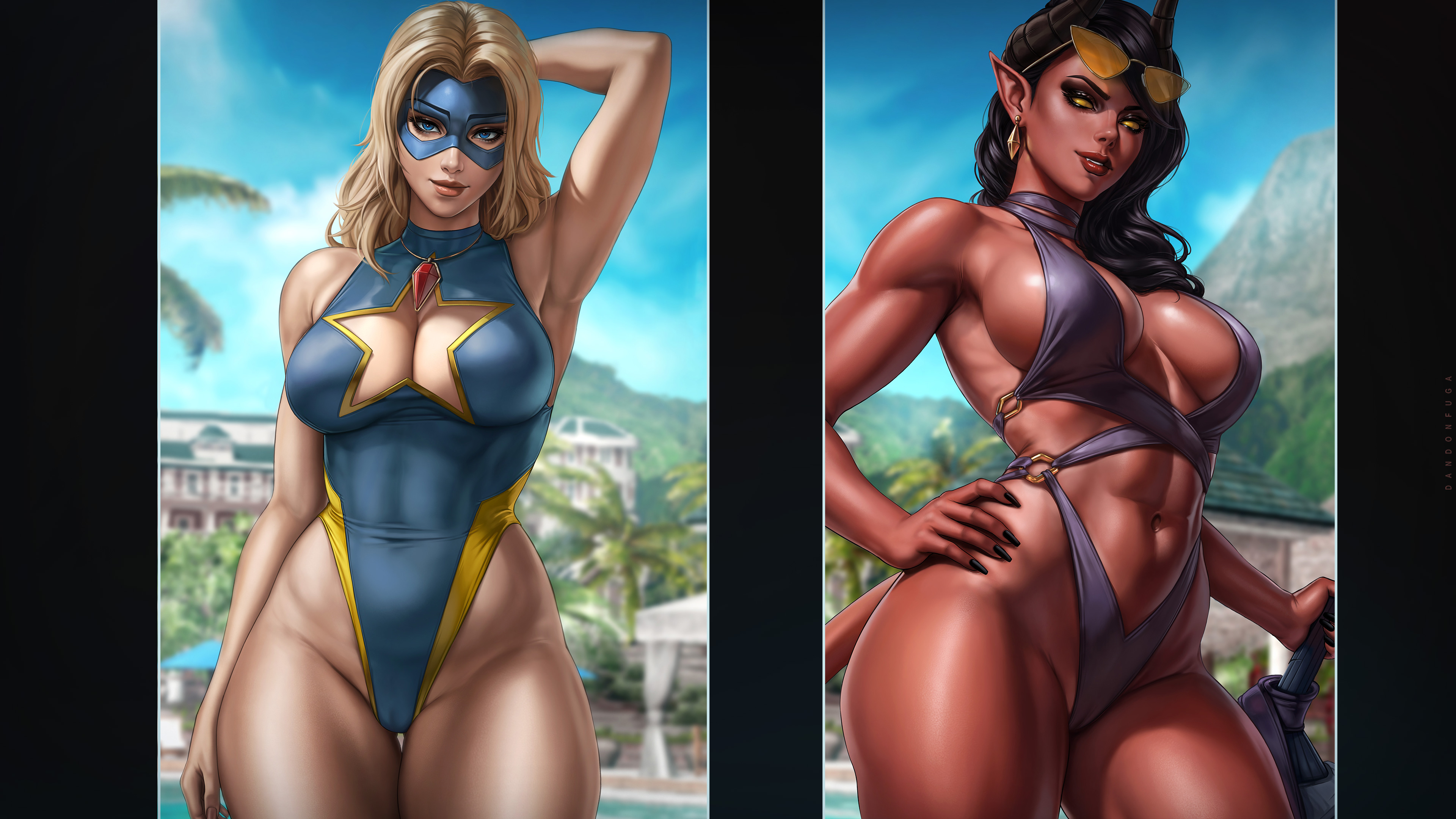 2females, 2girls, abs, absurd res, absurdres, arm up, armpit, athletic, athletic female, bare arms, bare shoulders, bare thighs, beach, beach blazer, biceps, big breasts, bikini, bikini bottom, bikini top, black eyelashes, black eyeshadow, black hair, black nail polish, black nails, blonde, blonde blazer, blonde female, blonde hair, blonde hair female, blonde-haired female, blue clothes, blue clothing, blue eyes, blue leotard, blue mask, blue swimsuit, boob window, bra, breasts, busty, casual, child bearing hips, cleavage cutout, curvaceous, curvaceous body, curvaceous female, curvaceous figure, curves, curvy, curvy body, curvy female, curvy figure, cute face, dandon fuga, demon, demon girl, demon horns, demon humanoid, demon tail, dispatch (game), eyelashes, eyeshadow, eyewear, eyewear on head, female, female abs, female focus, female only, fingernails, fit, fit female, hand behind head, hand on head, hand on hip, hand on own head, hand on own hip, heroine, high leg leotard, high resolution, highleg swimsuit, highres, hips, holding weapon, horns, hourglass figure, human, human female, large breasts, leotard, light skin, light-skinned female, lips, lipstick, long fingernails, long hair, malevola gibb, mask, masked, masked female, mature, mature female, mature woman, muscles, muscular, muscular arms, muscular female, nail polish, necklace, one, one arm up, outdoors, outside, panties, perky breasts, pointy ears, purple bikini, purple bikini bottom, purple bikini top, purple bra, purple clothes, purple clothing, purple panties, purple underwear, red lips, red lipstick, red skin, red skinned female, shaved armpit, slim girl, slim waist, star cutout, summer, sunglasses, sunglasses on head, superhero, superhero mask, superheroine, swimsuit, tail, tailed humanoid, thick thighs, thighs, tinted eyewear, tinted glasses, toned, toned arms, toned body, toned female, tropical, tropical setting, underwear, very high resolution, voluptuous, voluptuous body, voluptuous female, voluptuous figure, weapon, yellow eyes