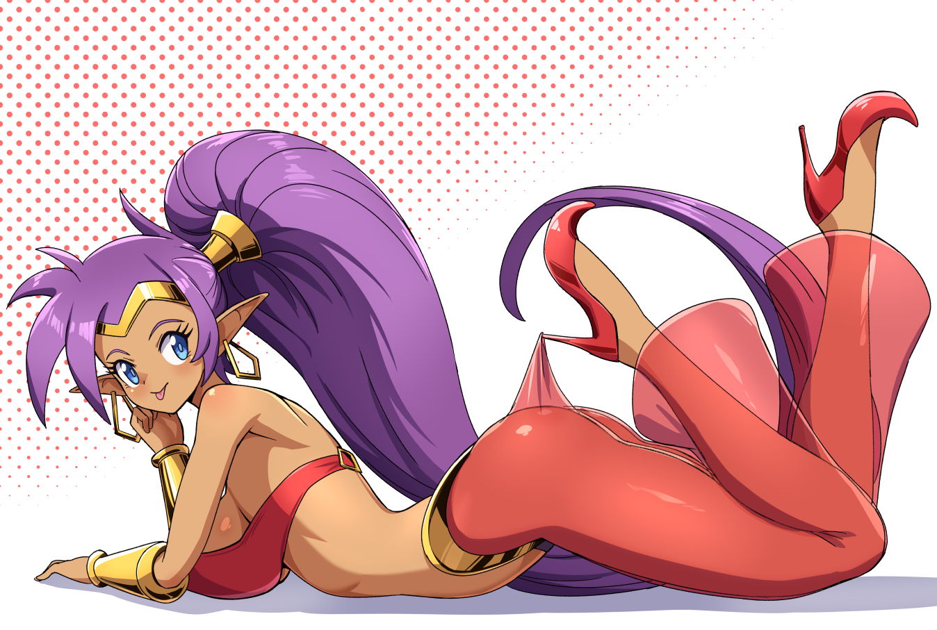 1girls, arabian clothes, belly dancer, belly dancer outfit, blue eyes, breasts, female, huge breasts, lace pantyhose hooked on heel (meme), meme, meme pose, meme reference, purple hair, shantae, shantae (character), shantae and the pirate's curse, shantae and the seven sirens, shantae: half-genie hero, tanned, tanned female, tanned skin, thick thighs, zuchysdraws