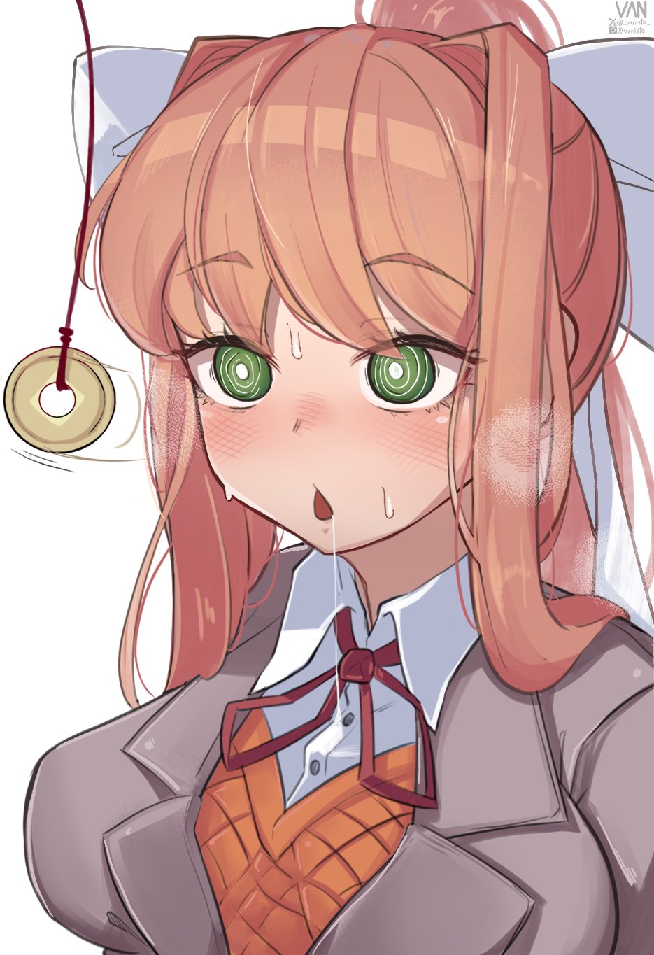 1girls, blush, blush lines, brainwashing, doki doki literature club, drool, drool string, drooling, empty eyes, female, female only, green eyes, hypnosis, hypnotic eyes, mind control, monika (doki doki literature club), pendulum, school uniform, sweat, sweating, sweaty, tagme, uncensored, vaniste