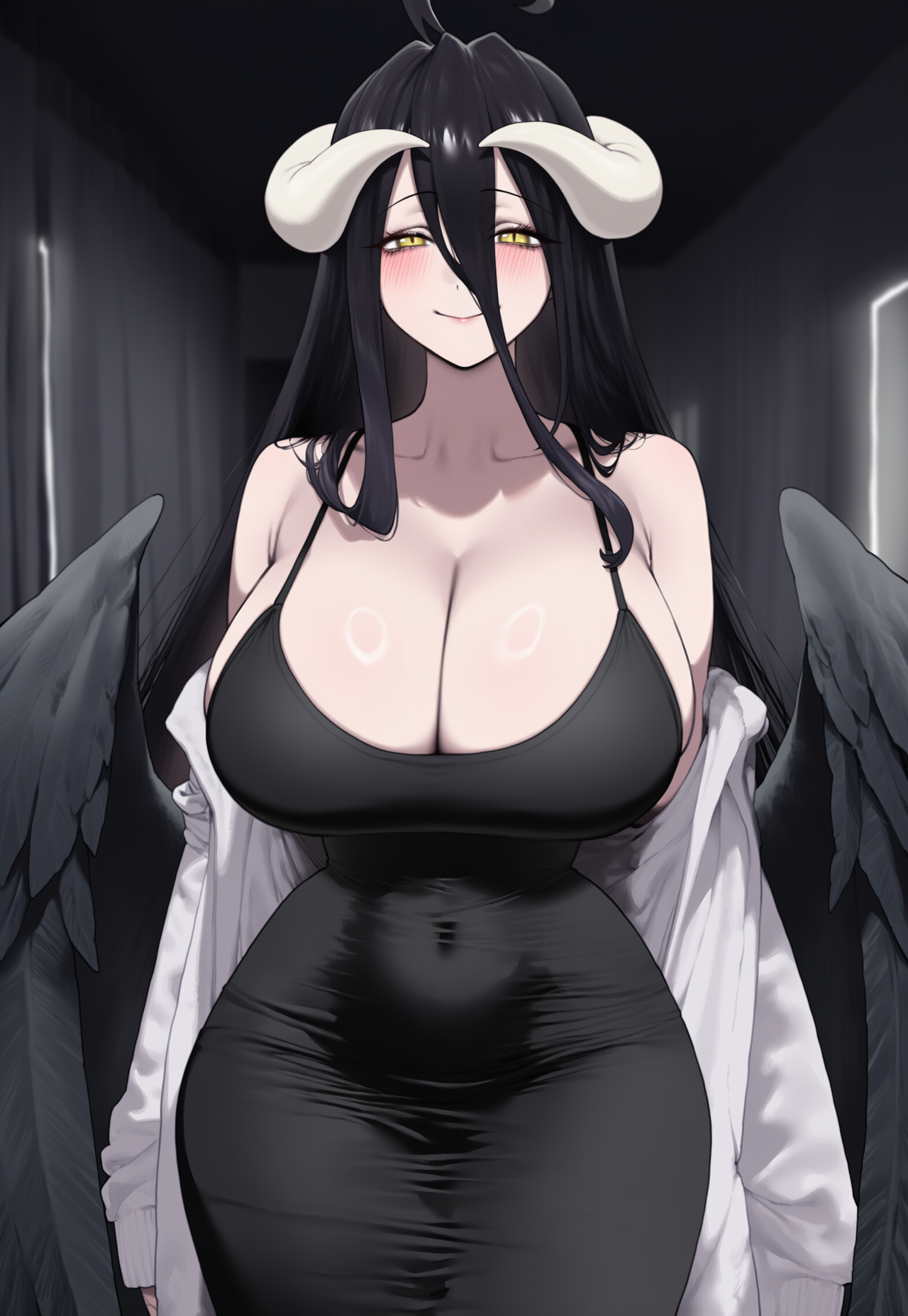 1girls, ai generated, albedo (overlord), big breasts, black hair, breasts, female, female focus, hips, horns, huge breasts, large breasts, mature female, milf, overlord (maruyama), wide hips, yellow eyes