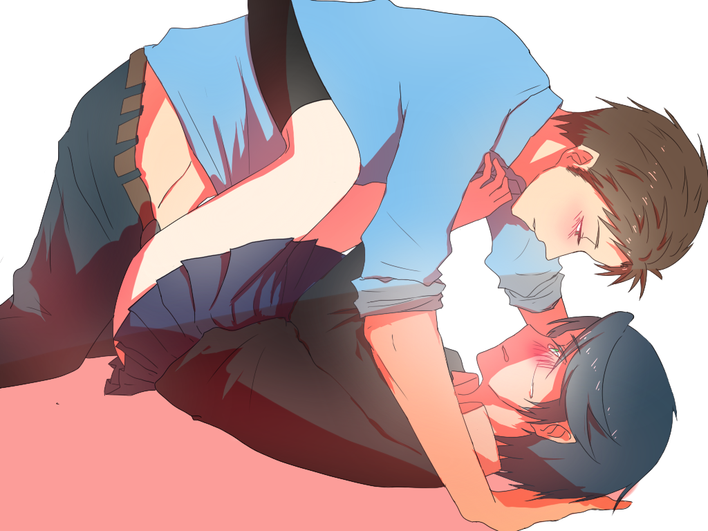 1boy 1girls blue_hair blue_skirt blush brown_hair clothed_sex female gekkan_shoujo_nozaki-kun hori_masayuki human kashima_yuu legs_up male miniskirt missionary pants_down pleated_skirt sex short_hair skirt socks straight tabacosis tears wavy_mouth