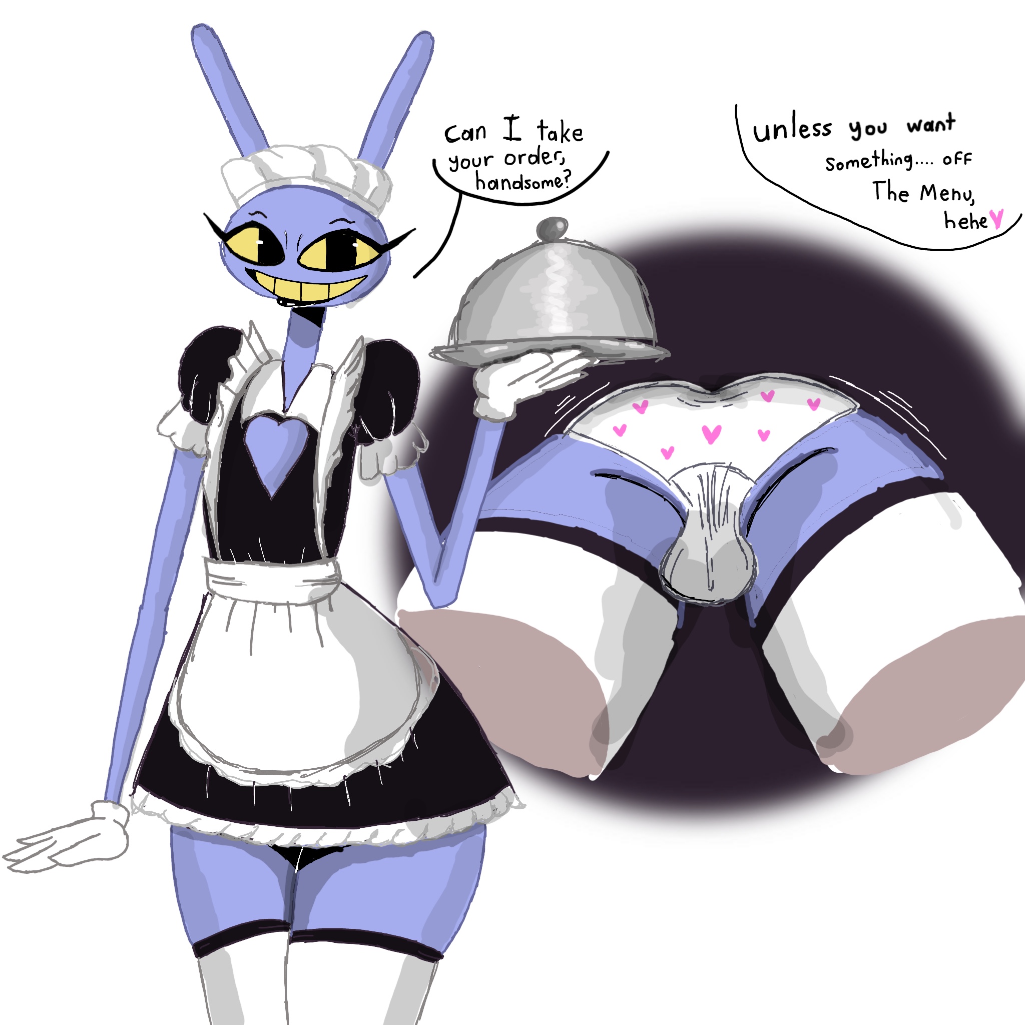 anthro, ballsack, cute, femboy, glitch productions, jax (the amazing digital circus), maid jax (the amazing digital circus), maid uniform, serving food, the amazing digital circus, upskirt
