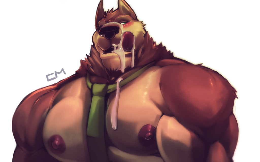 anthro bamwuff biceps big_biceps blush brown_fur brown_hair brown_nose canine clothed clothing cum cum_everywhere cum_on_chest cum_on_face cursedmarked front_view fur green_eyes hair hi_res licking looking_at_viewer male male_only mammal manly mature_male messy muscular muscular_male necktie nipples open_mouth pecs pose relaxing simple_background tan_fur tongue tongue_out topless