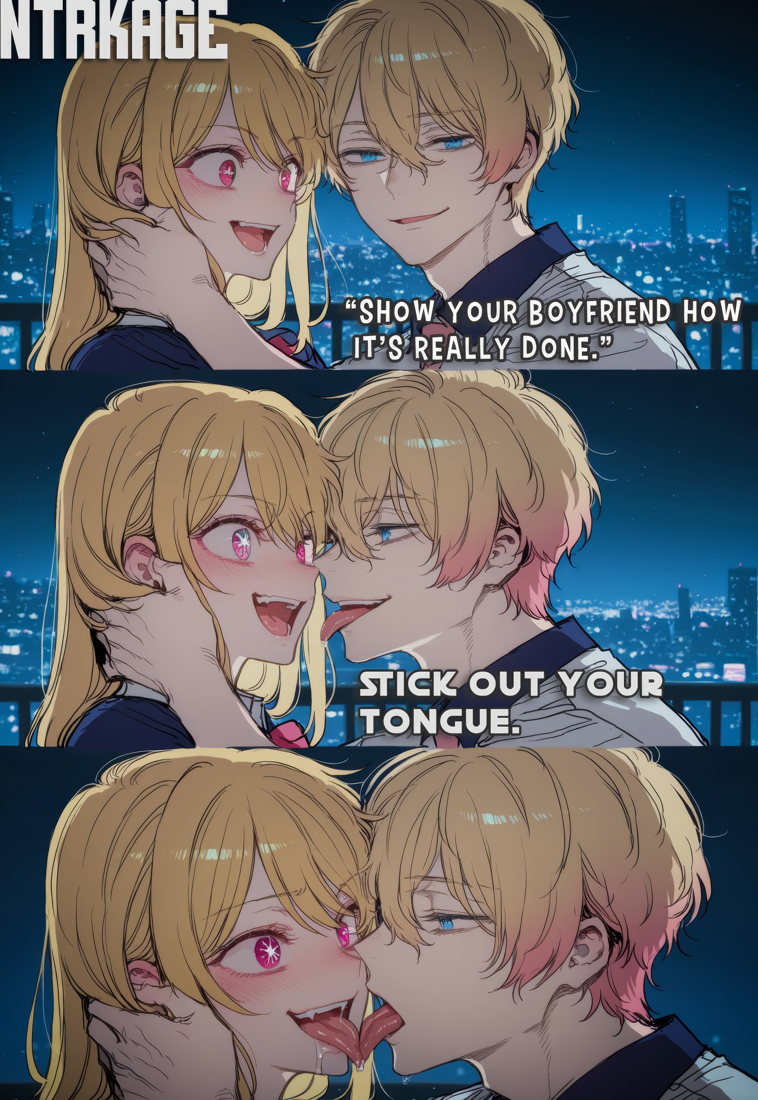 1boy, 1girls, after kiss, ai generated, before kissing, brother, brother and sister, cuckold, cuckold pov, cuckolding, drooling, english text, hand on neck, hi res, highres, hoshino aquamarine, hoshino ruby, incest, kissing, looking at viewer, multiple panels, neck grab, netorare, ntrkage, oshi no ko, panels, saliva, saliva drip, shaped pupils, sister, star shaped pupils, tongue, tongue kiss, tongue out, upper body