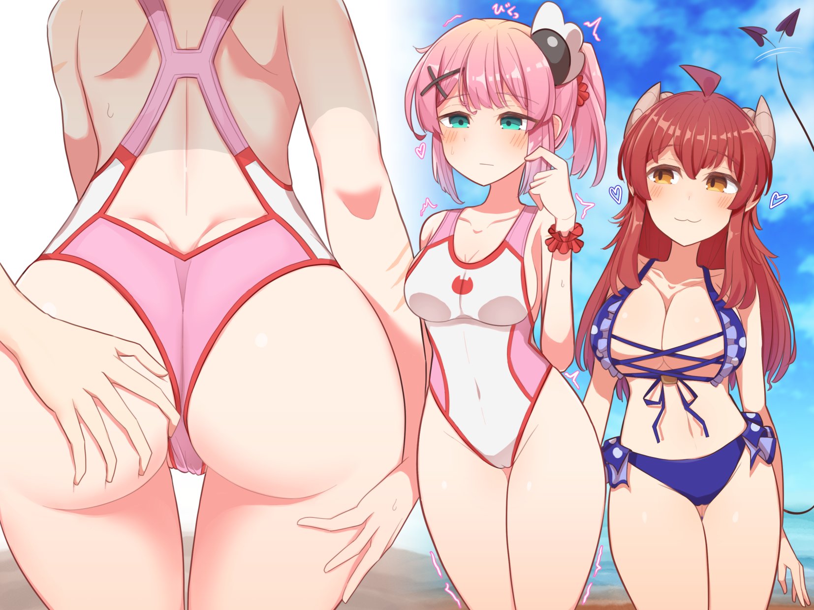 :3, 2girls, ame (no hi no) mori, ass, ass grab, back view, beach, bikini, blue sky, blush, breasts, brown hair, chiyoda momo, cleavage, demon girl, demon horns, female only, green eyes, groping, horns, large breasts, machikado mazoku, medium breasts, multiple girls, one piece swimsuit, pink hair, ponytail, swimsuit, tagme, tail, tail wagging, yellow eyes, yoshida yuuko, yuri