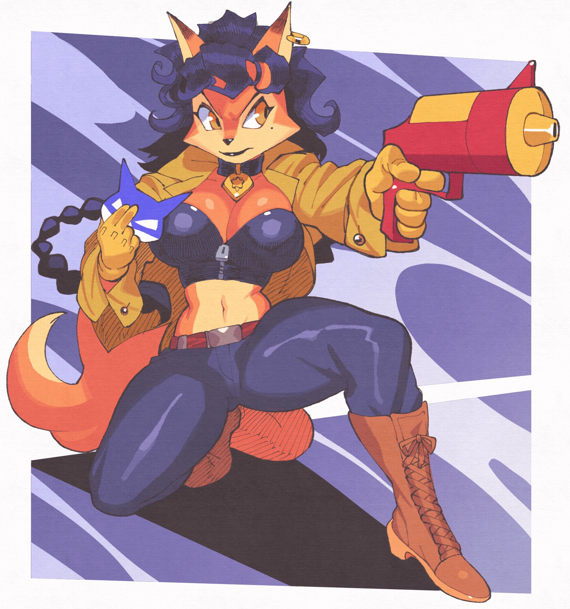 animal ears, animal nose, bandeau, belt, belt buckle, big breasts, blue bandeau, blue hair, body fur, boots, braid, breasts, brown boots, calling card, carmelita fox, cleavage, commentary, crop top, earrings, english commentary, female, fox ears, fox girl, fox tail, furry, furry female, gloves, gun, highres, holding, holding gun, holding mask, holding weapon, inkerton-kun, inkuusan, jacket, jewelry, large breasts, long hair, looking at viewer, mask, midriff, mole, mole under eye, orange fur, police badge, second-party source, single earring, sly cooper (series), snout, solo, sony corporation, sony interactive entertainment, sucker punch productions, tail, thick thighs, thighs, two-tone fur, weapon, yellow fur, yellow gloves, yellow jacket